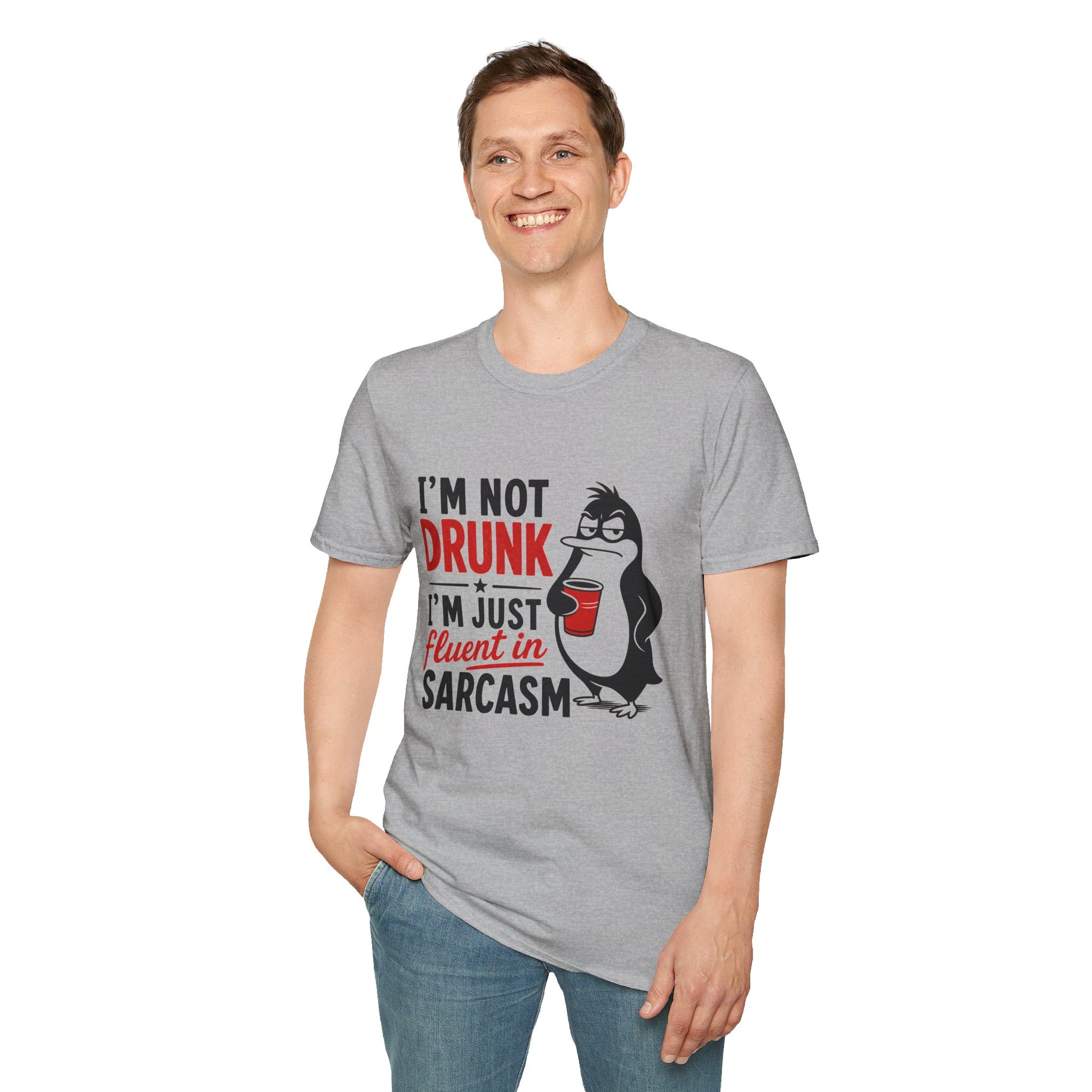 I'm Not Drunk, I'm Just Fluent in Sarcasm Shirt, Sport Grey, worn by a standing model with one hand in their pocket