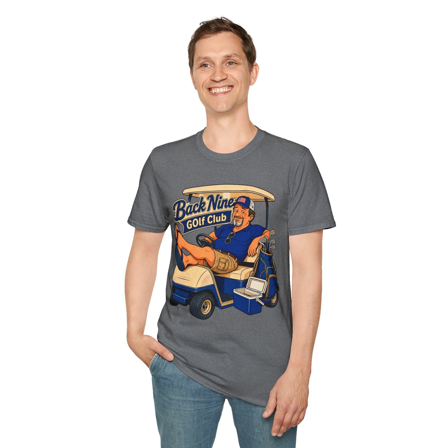 Retro country club-style t-shirt graphic of the Dry Wit dad mascot in a golf cart with a cooler, text reading Back Nine Golf Club