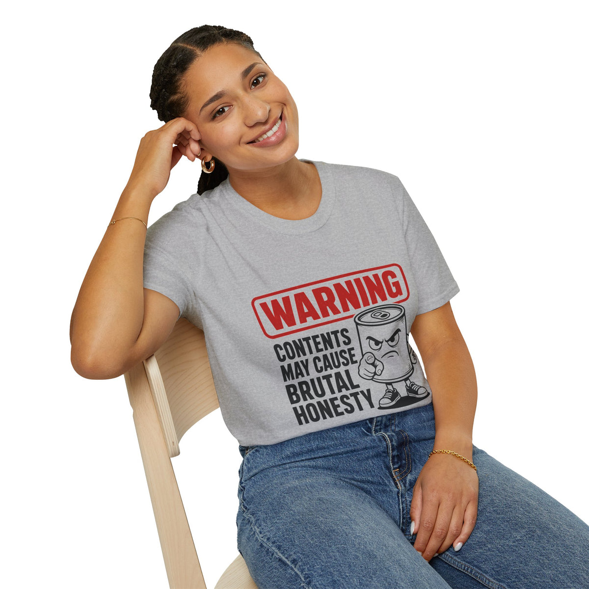 Warning: Contents May Cause Brutal Honesty Shirt, Sport Grey, worn by a model seated on a wooden chair