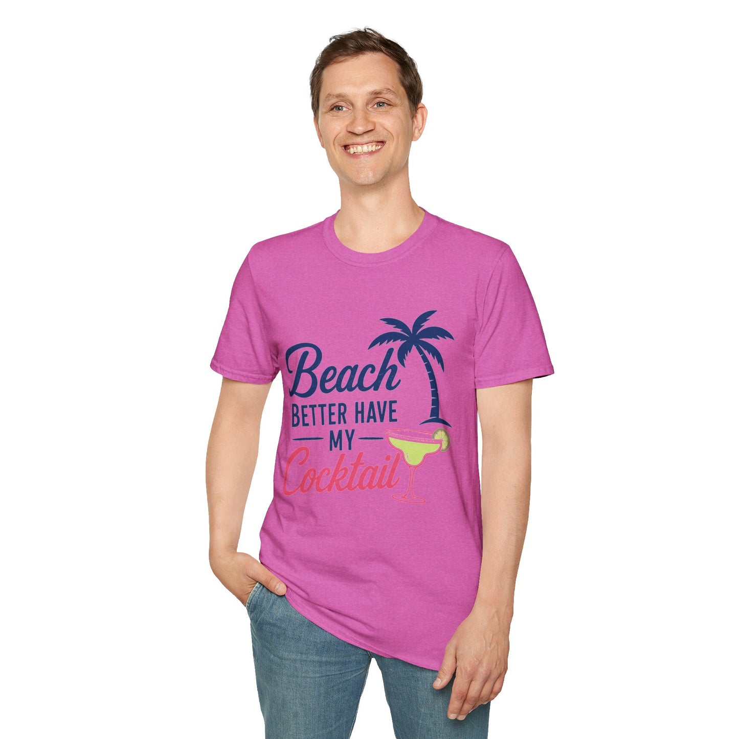 Beach Better Have My Cocktail Shirt, Heather Berry pink, worn by a standing model with one hand in their pocket