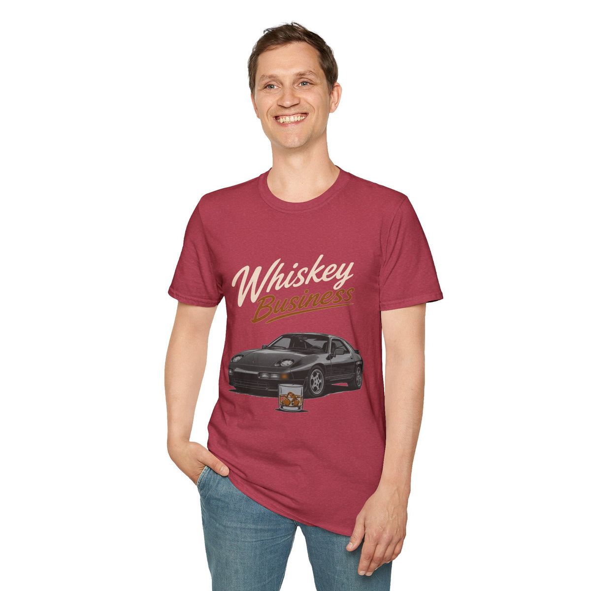 Whiskey Business Shirt, Heather Cardinal red, worn by a standing model with one hand in their pocket