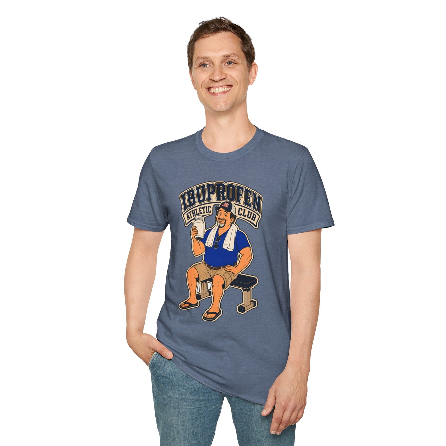 Retro collegiate-style t-shirt graphic of the Dry Wit dad mascot in workout gear, text reading Ibuprofen Athletic Club