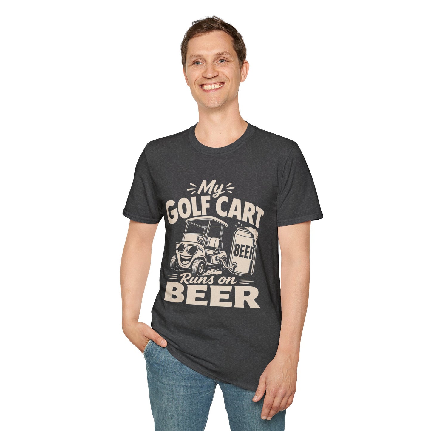 My Golf Cart Runs on Beer Shirt, Dark Heather charcoal, worn by a standing model with one hand in their pocket