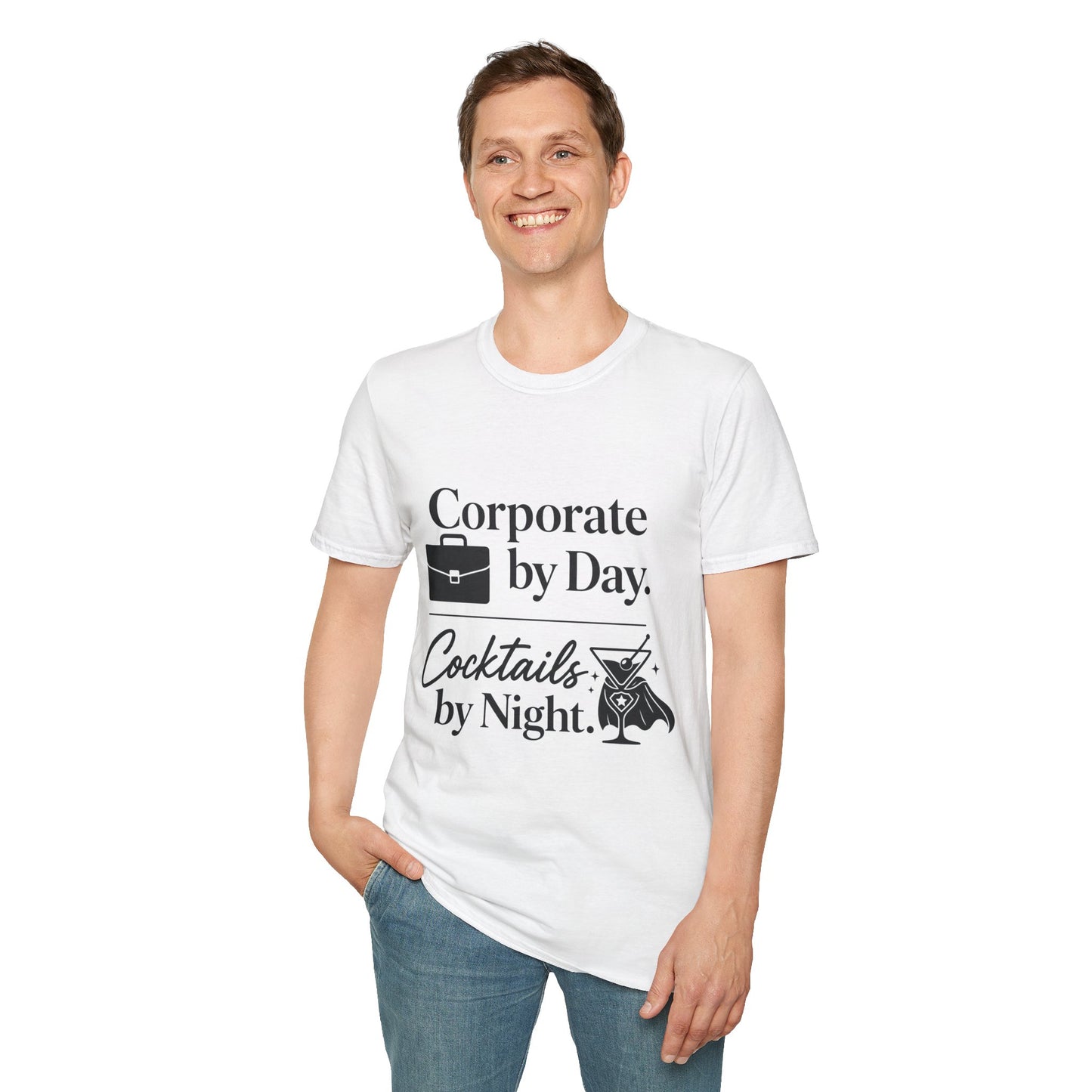 Corporate by Day, Cocktails by Night Shirt, White, worn by a standing model with one hand in their pocket