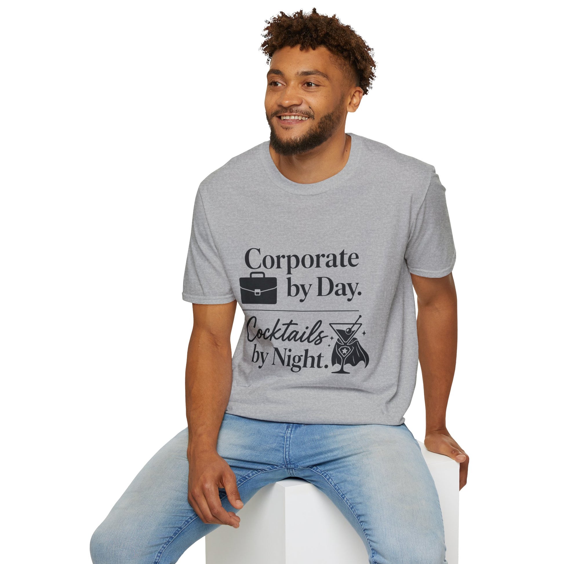 Corporate by Day, Cocktails by Night Shirt, Sport Grey, worn by a model seated on a white block