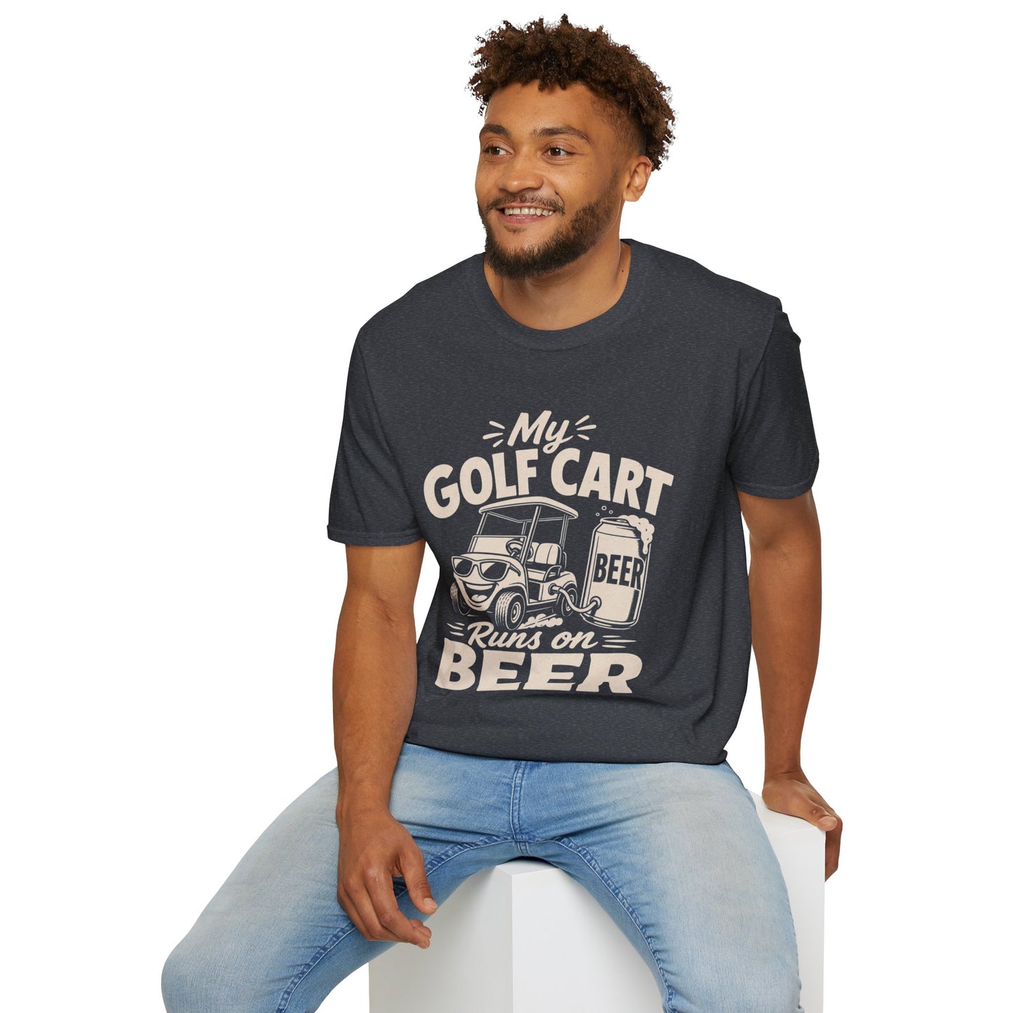 My Golf Cart Runs on Beer Shirt, Dark Heather Grey, worn by a model seated on a white block