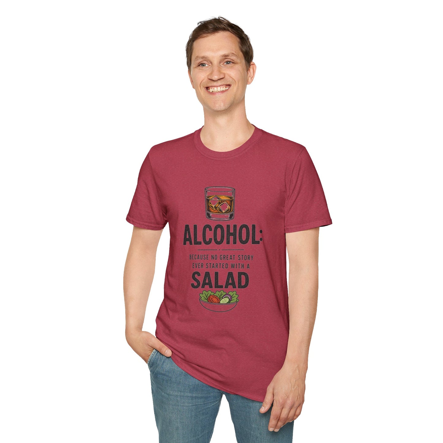 No Great Story Started With a Salad Shirt, Heather Cardinal red, worn by a standing model with one hand in their pocket