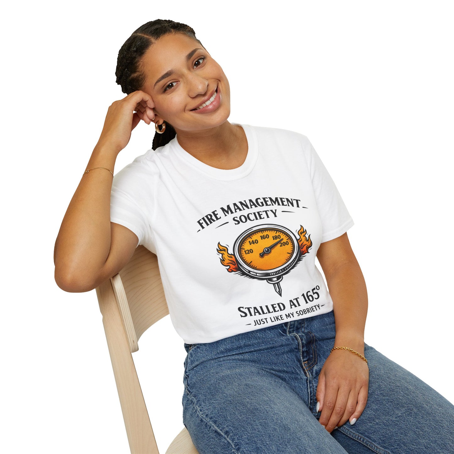 Fire Management Society Shirt, White, worn by a model seated on a wooden chair