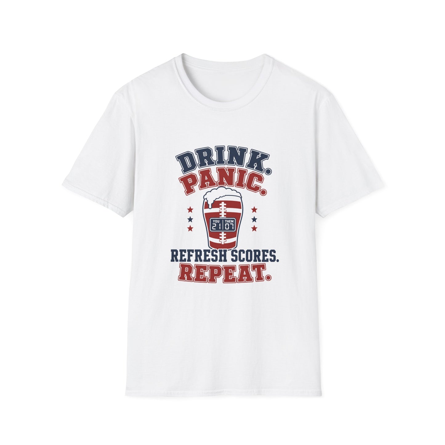 T-shirt design with navy and maroon text reading Drink Panic Refresh Scores Repeat, football-striped pint glass with a scoreboard graphic