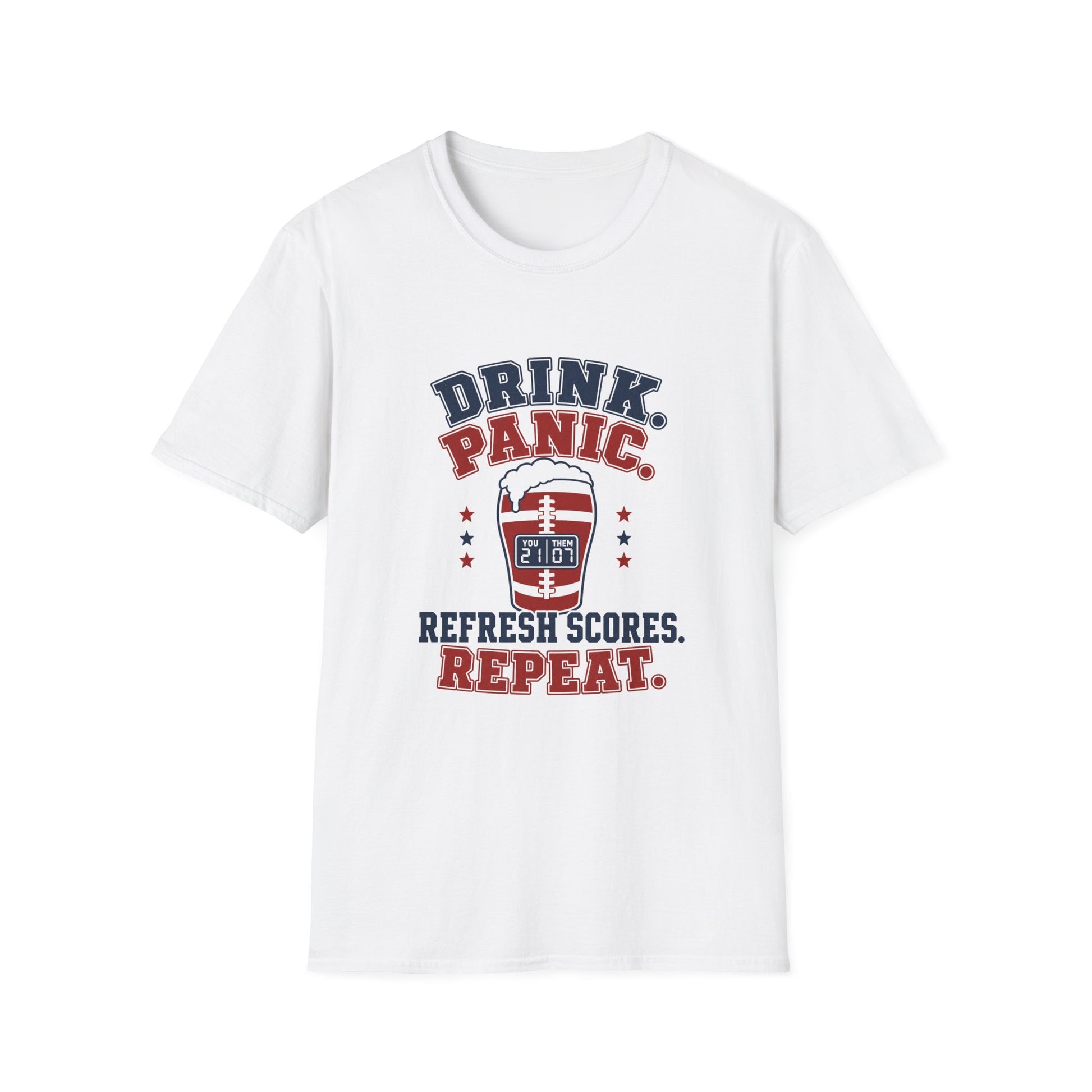 T-shirt design with navy and maroon text reading Drink Panic Refresh Scores Repeat, football-striped pint glass with a scoreboard graphic
