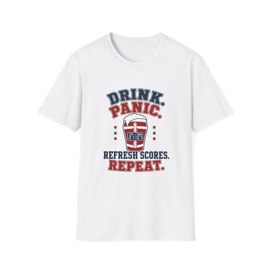 T-shirt design with navy and maroon text reading Drink Panic Refresh Scores Repeat, football-striped pint glass with a scoreboard graphic