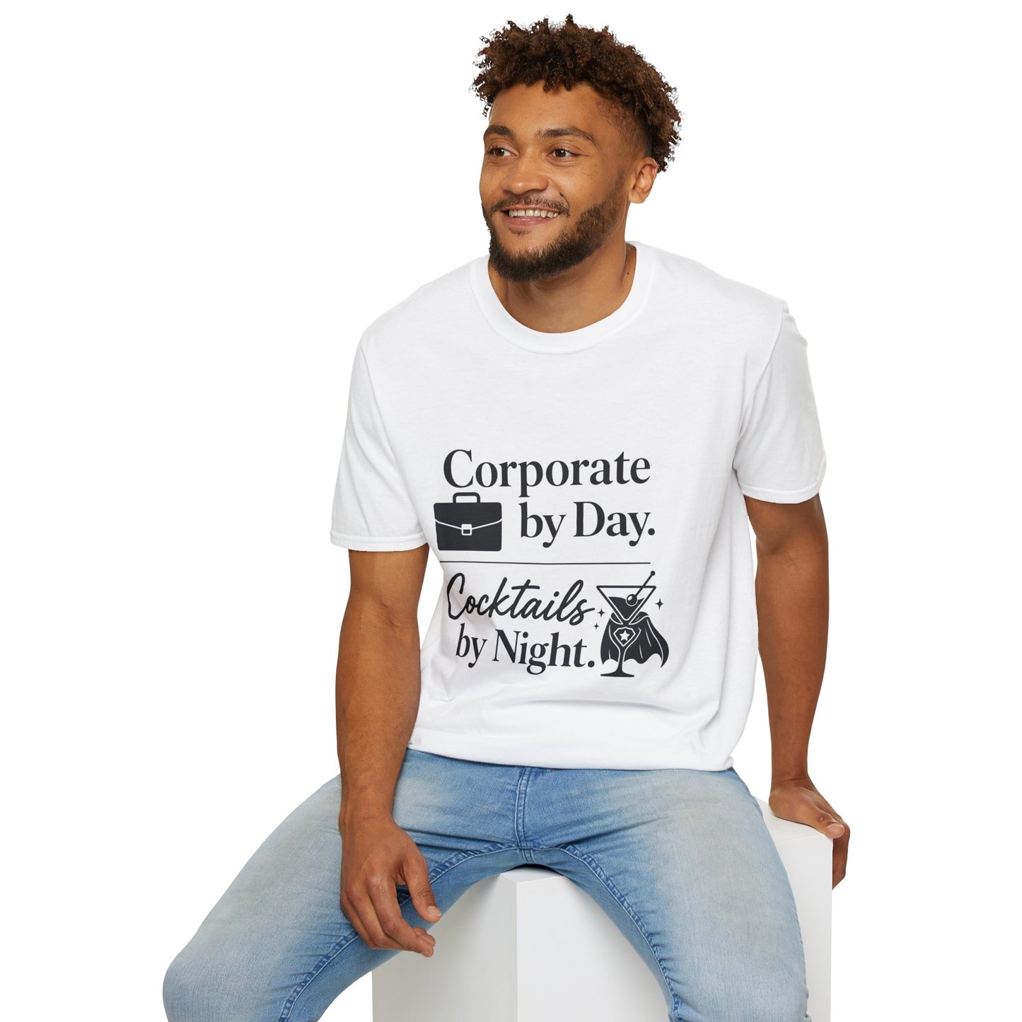 Corporate by Day, Cocktails by Night Shirt, White, worn by a model seated on a white block