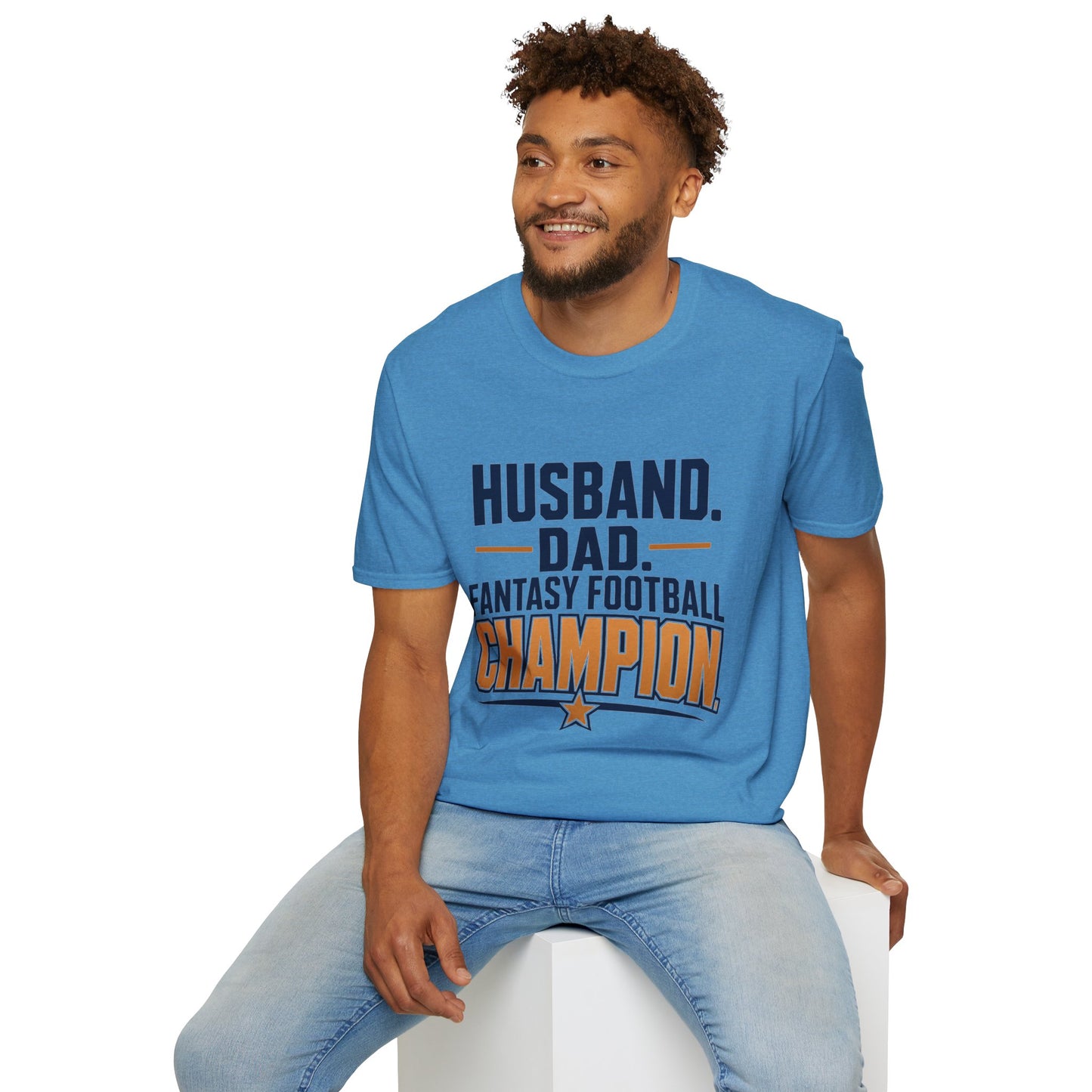 T-shirt design with navy and amber text reading Husband Dad Fantasy Football Champion, gold star accent
