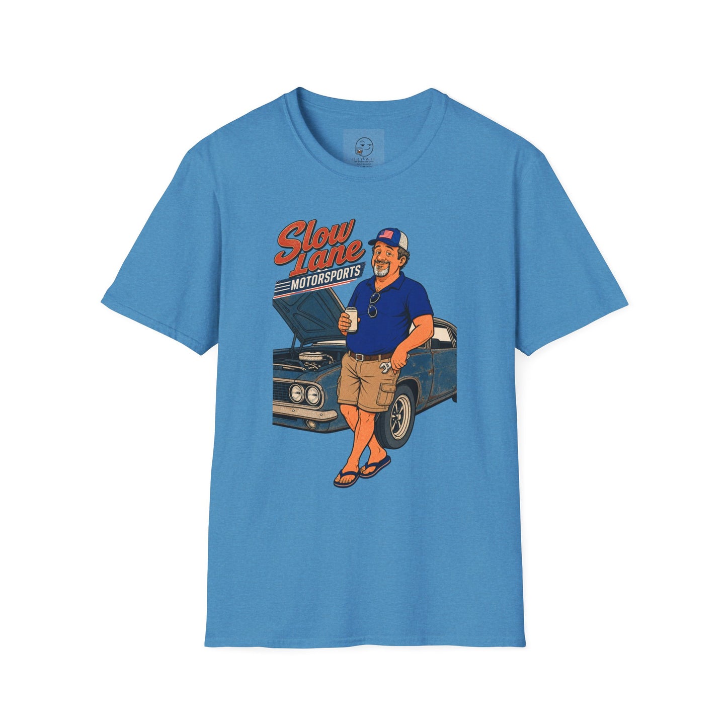 Retro garage-style t-shirt graphic of the Dry Wit dad mascot beside a classic muscle car holding a beer, text reading Slow Lane Motorsports