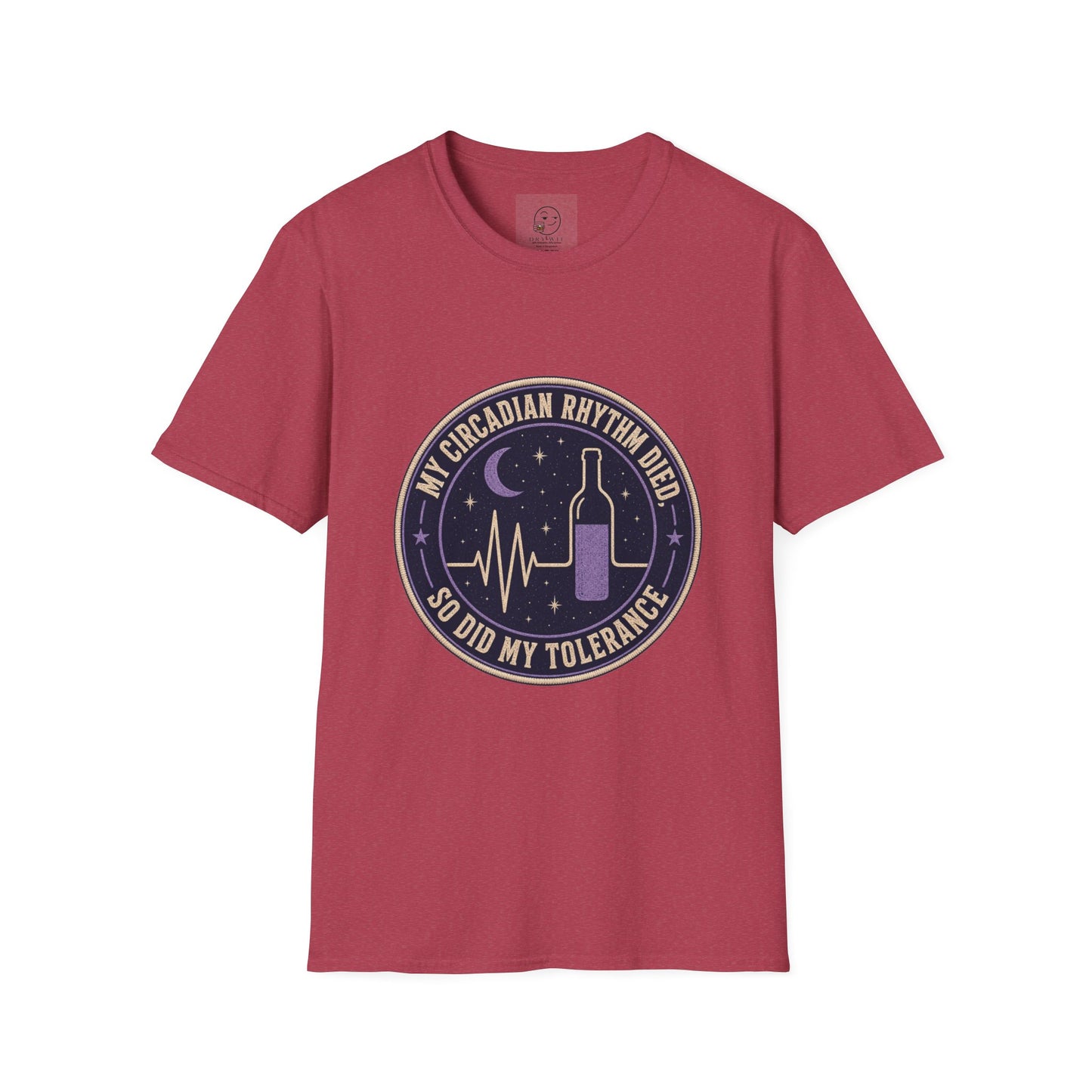 Circular vintage badge t-shirt graphic with a starry night sky background and a flatlined heartbeat line transitioning into a wine bottle silhouette, text reading My Circadian Rhythm Died, So Did My Tolerance