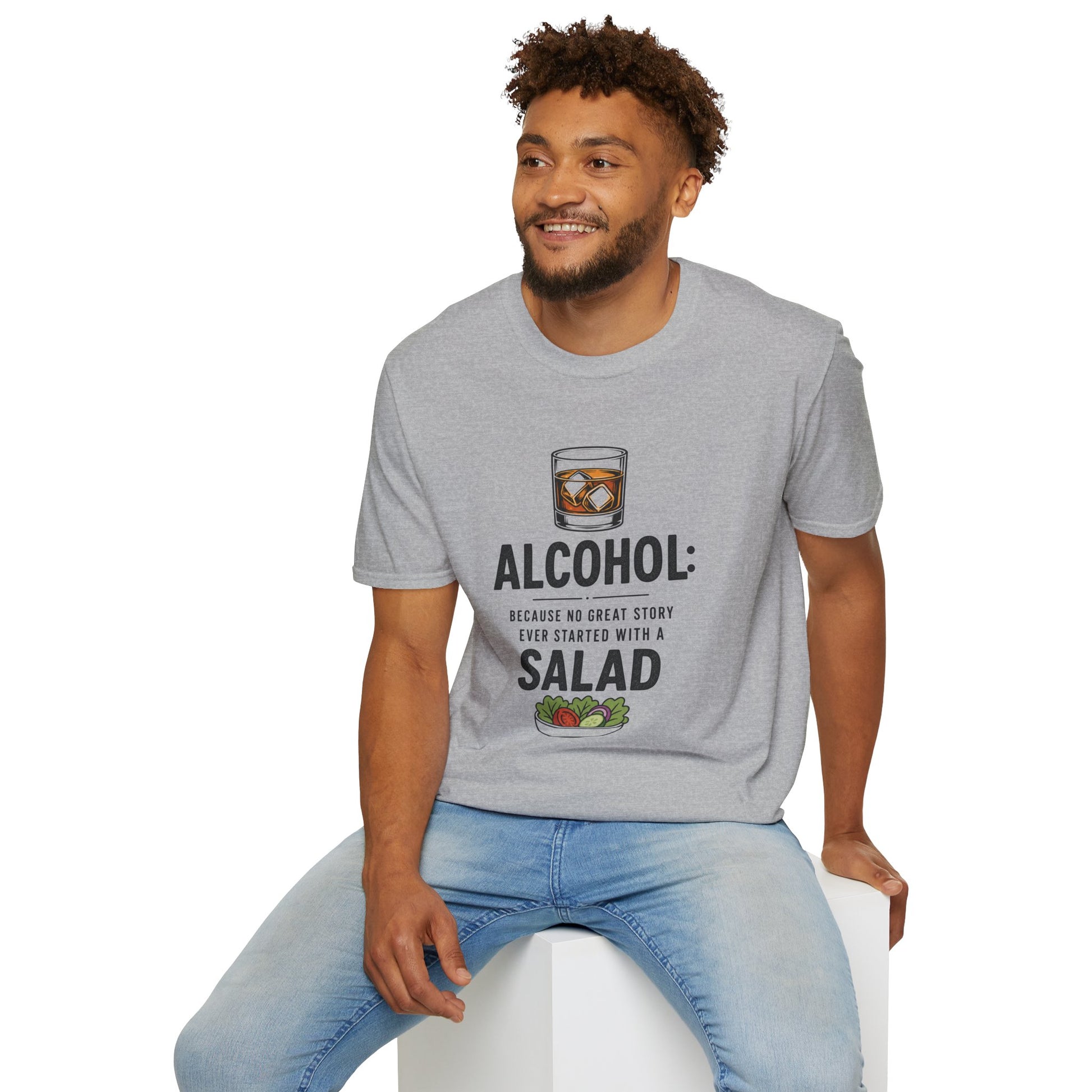 No Great Story Started With a Salad Shirt, Sport Grey, worn by a model seated on a white block