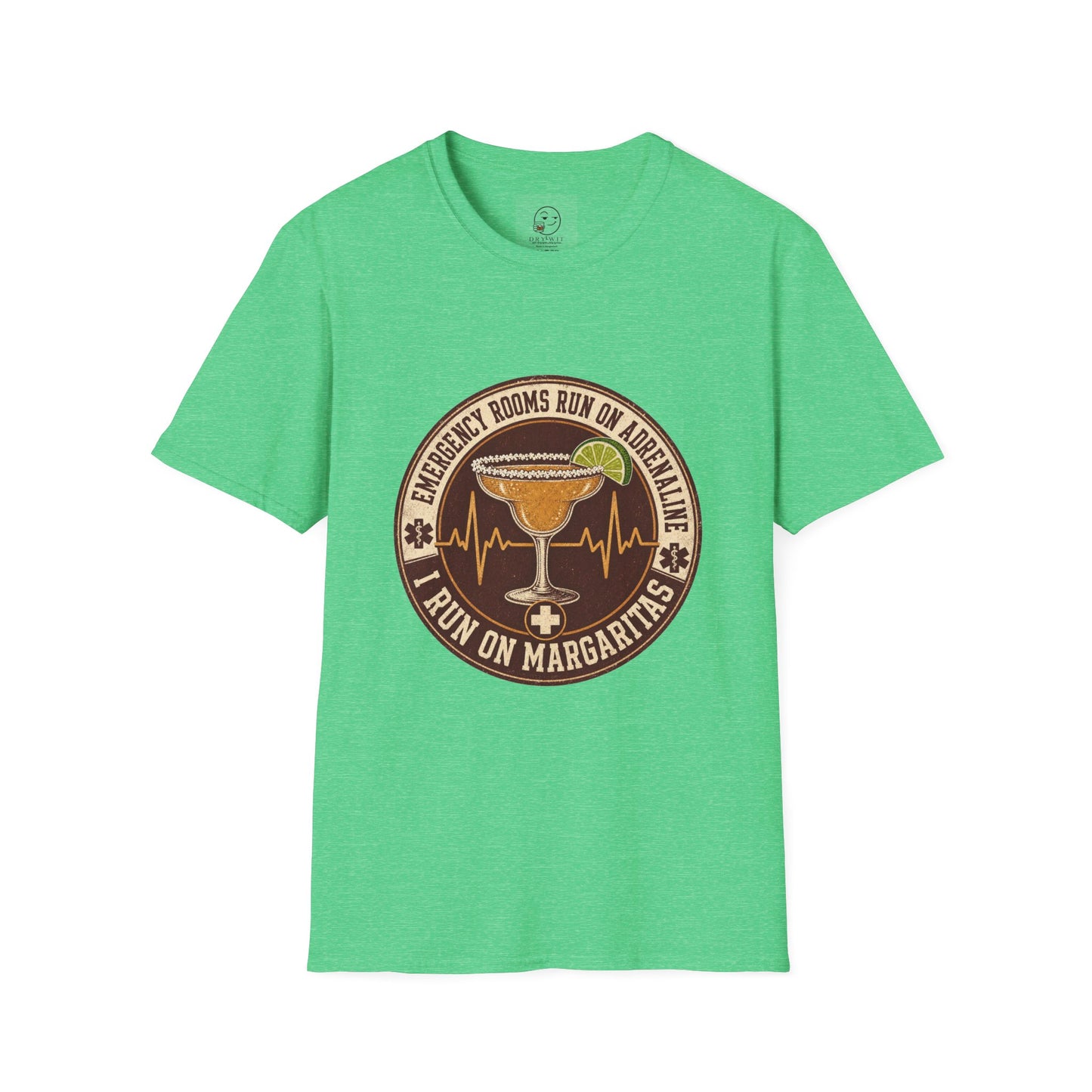 Circular vintage badge t-shirt graphic of a margarita glass with a salted rim and lime wedge beside a heartbeat line, text reading Emergency Rooms Run On Adrenaline, I Run On Margaritas