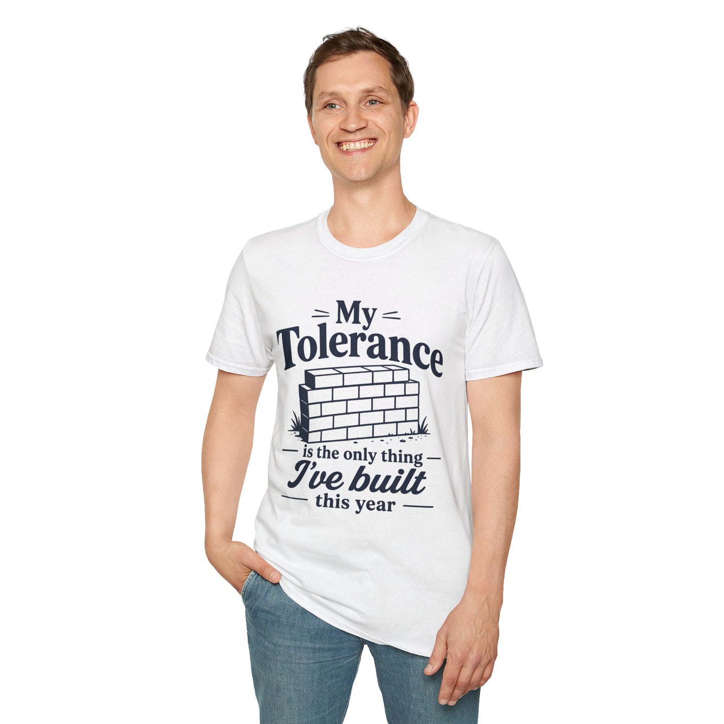My Tolerance Is the Only Thing I've Built, White, worn by a standing model with one hand in their pocket