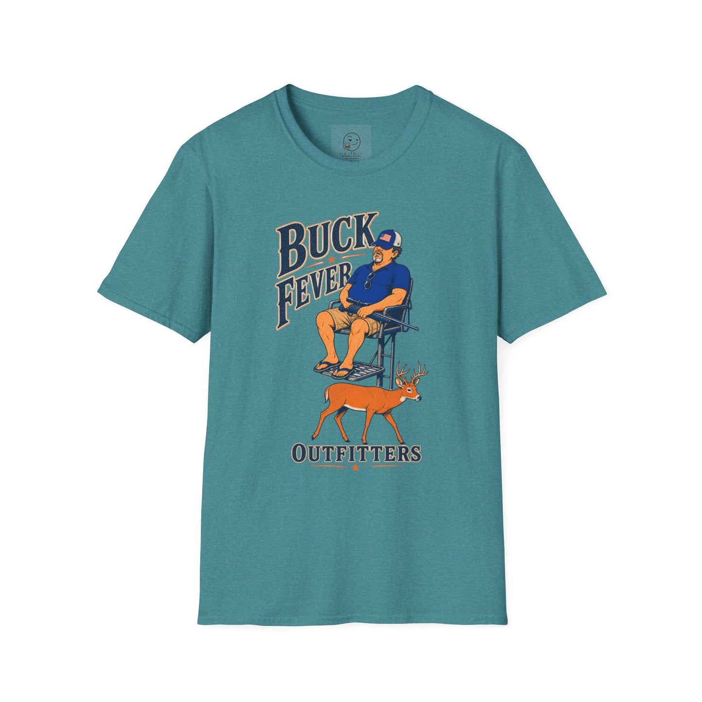 Retro cartoon t-shirt graphic of the Dry Wit dad mascot in hunting gear with a rifle, text reading Buck Fever Outfitters