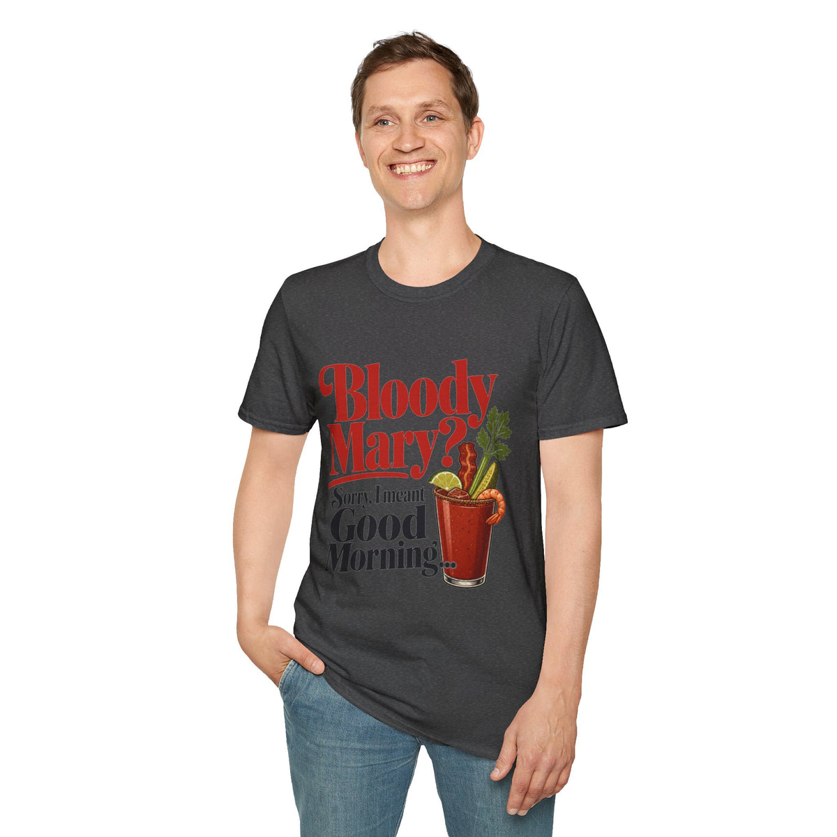 Bloody Mary Shirt, Dark Heather charcoal, worn by a standing model with one hand in their pocket