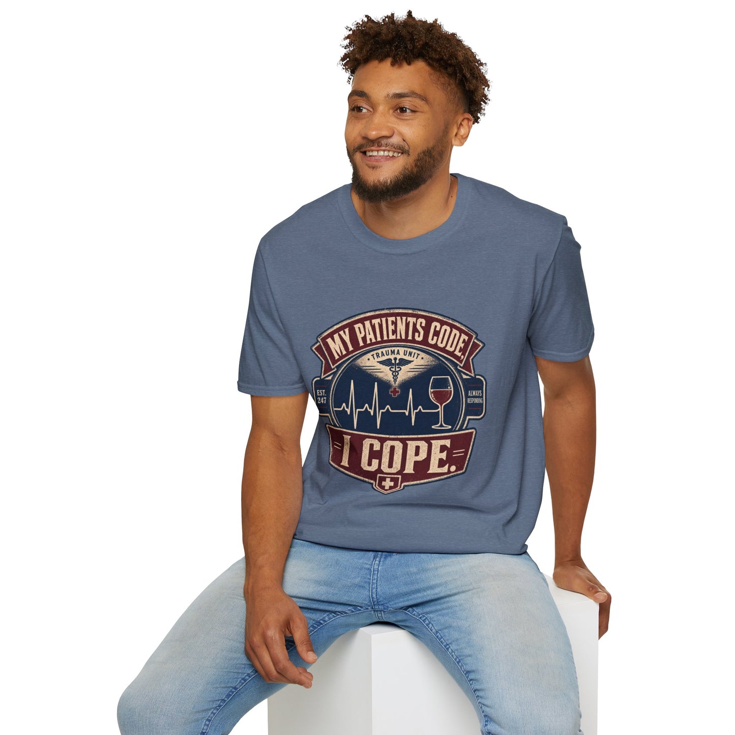 Vintage badge t-shirt graphic of an EKG heartbeat line transitioning into a wine glass shape with a small caduceus icon, text reading My Patients Code, I Cope