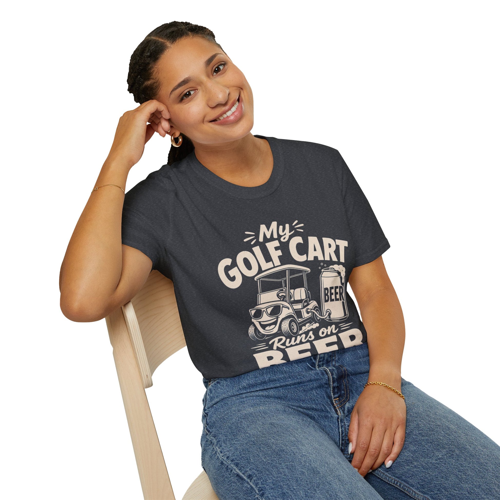 My Golf Cart Runs on Beer Shirt, Dark Heather Grey, worn by a model seated on a wooden chair