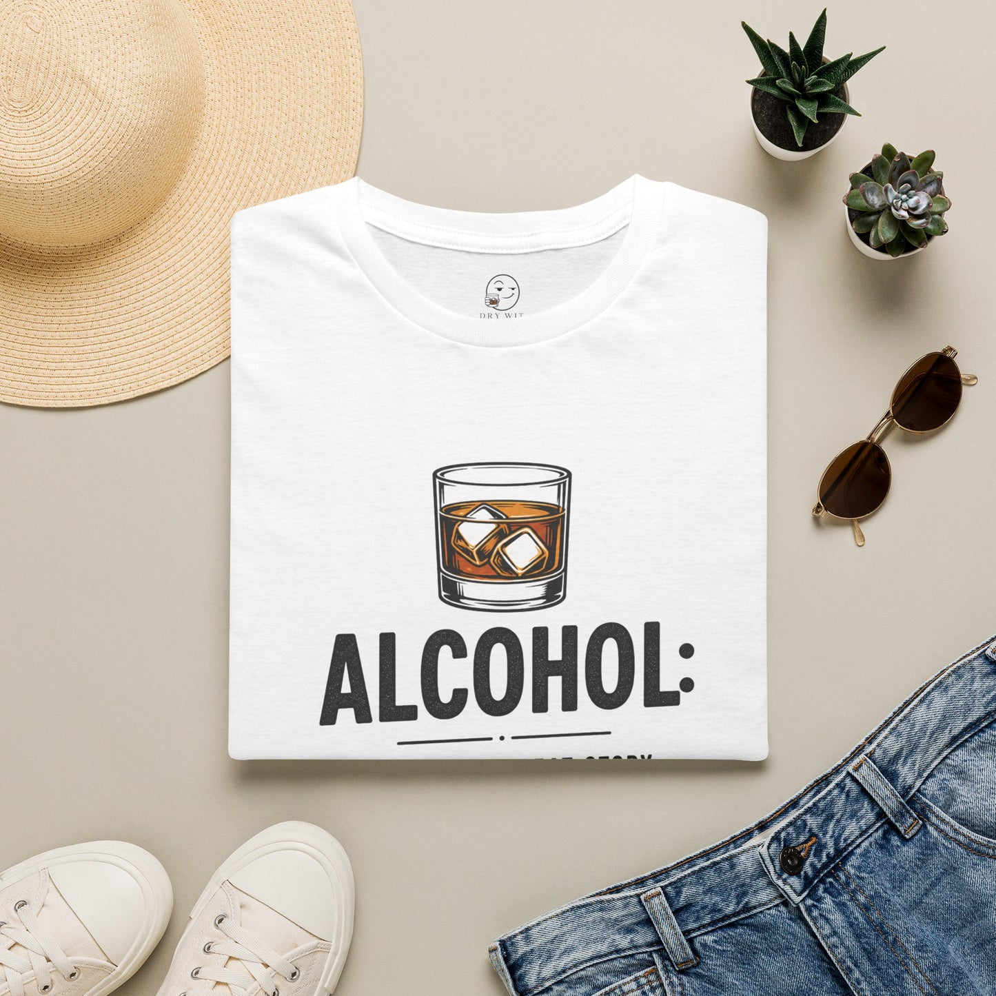 No Great Story Started With a Salad Shirt, White, folded flat lay styled with a straw hat, sunglasses, sneakers and denim