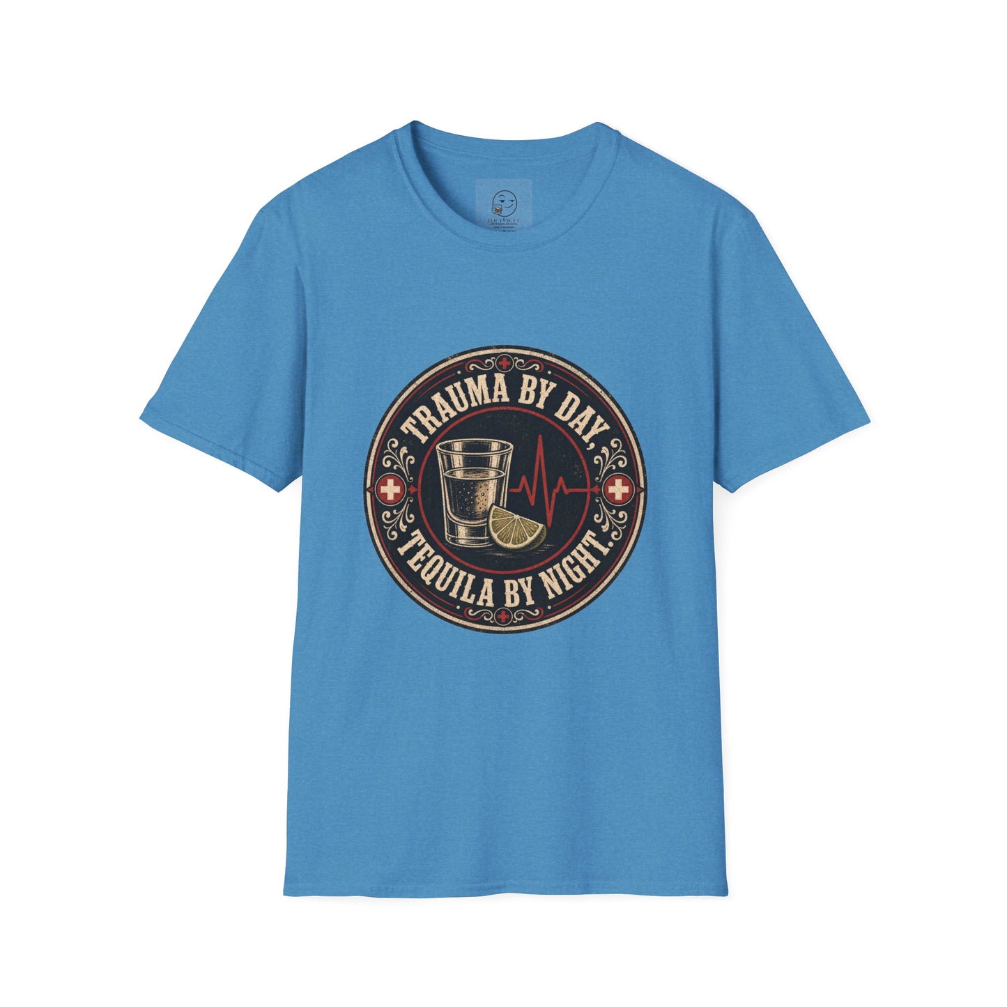 Circular vintage badge t-shirt graphic with a red cross border detail, a shot glass and lime wedge beside a heartbeat line, text reading Trauma By Day, Tequila By Night