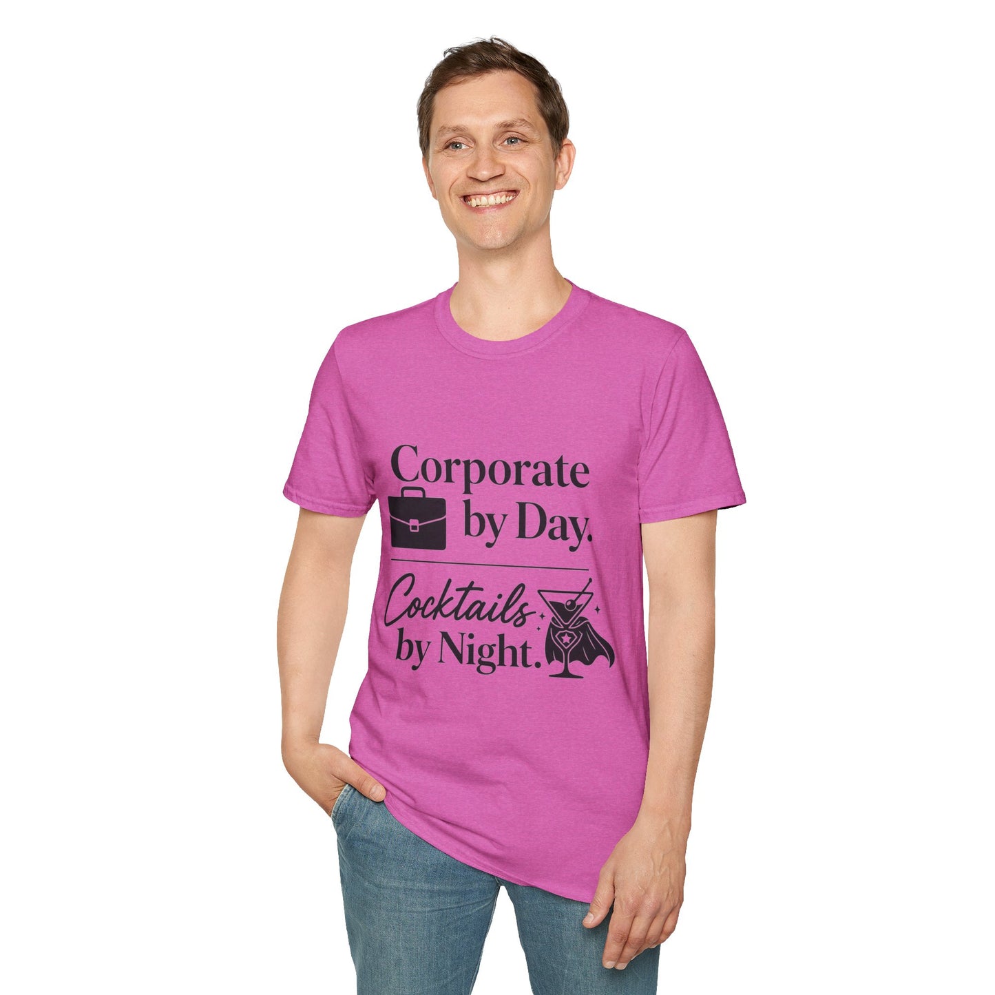 Corporate by Day, Cocktails by Night Shirt, Heather Berry pink, worn by a standing model with one hand in their pocket