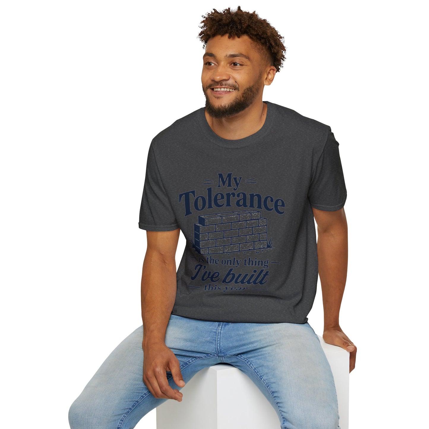 My Tolerance Is the Only Thing I've Built, Dark Heather charcoal, worn by a model seated on a white block