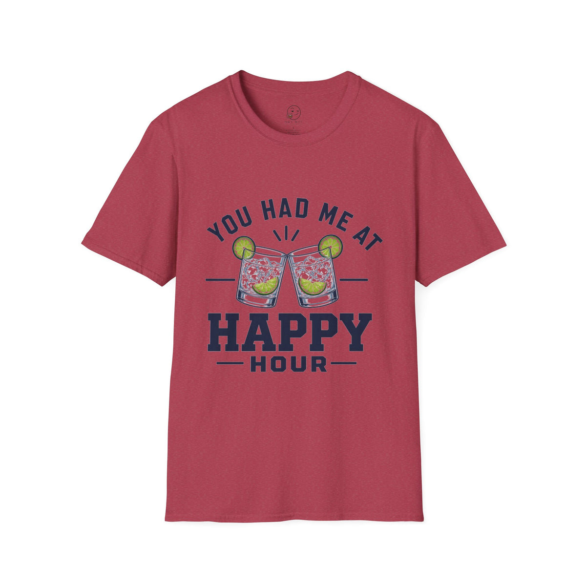 You Had Me At Happy Hour Shirt, Heather Cardinal red, front flat lay