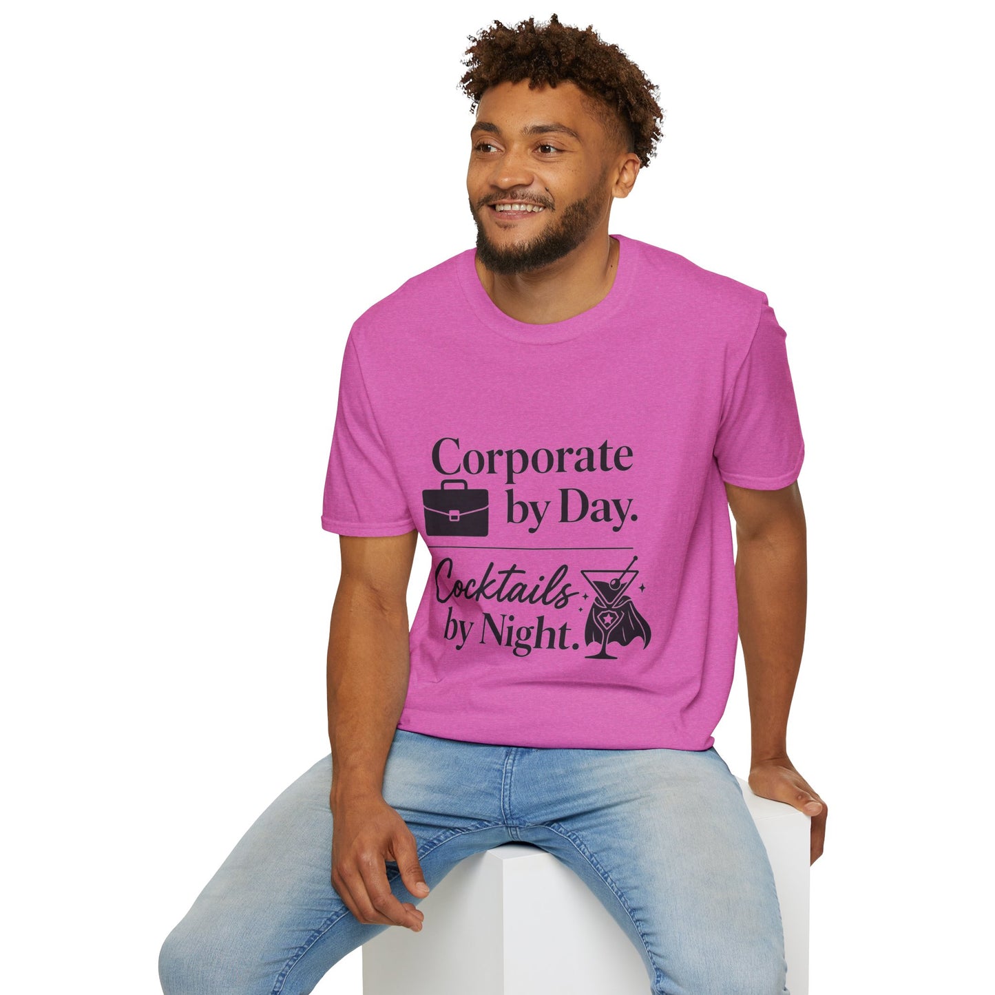 Corporate by Day, Cocktails by Night Shirt, Heather Berry pink, worn by a model seated on a white block