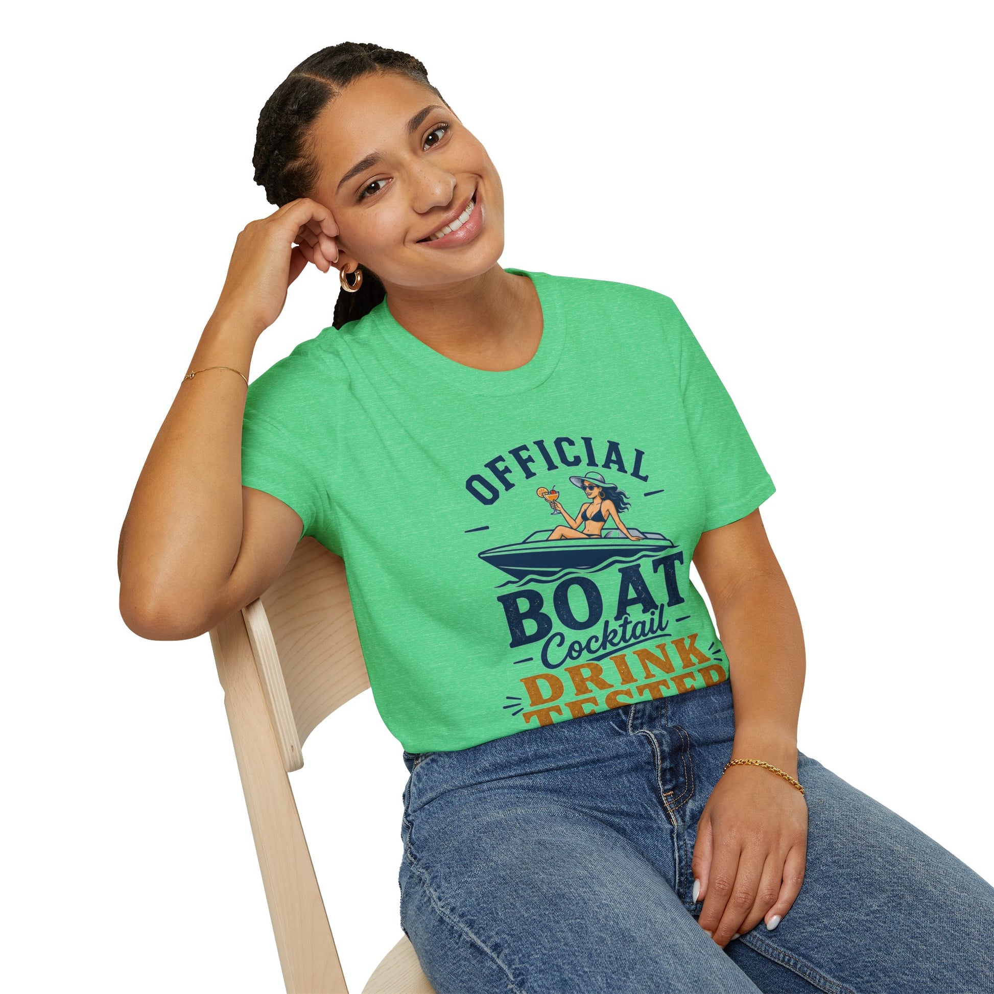 Official Boat Cocktail Drink Tester Shirt, Heather Irish Green mint, worn by a model seated on a wooden chair