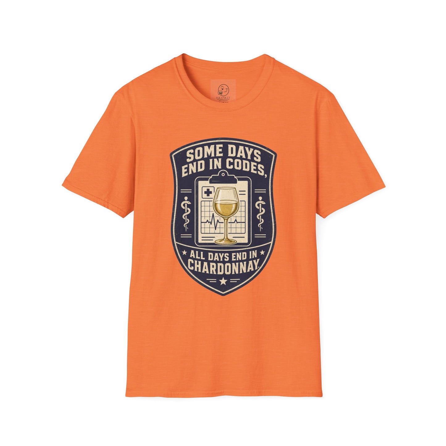 Shield-shaped vintage badge t-shirt graphic of a clipboard with a wine glass resting on top, text reading Some Days End In Codes, All Days End In Chardonnay
