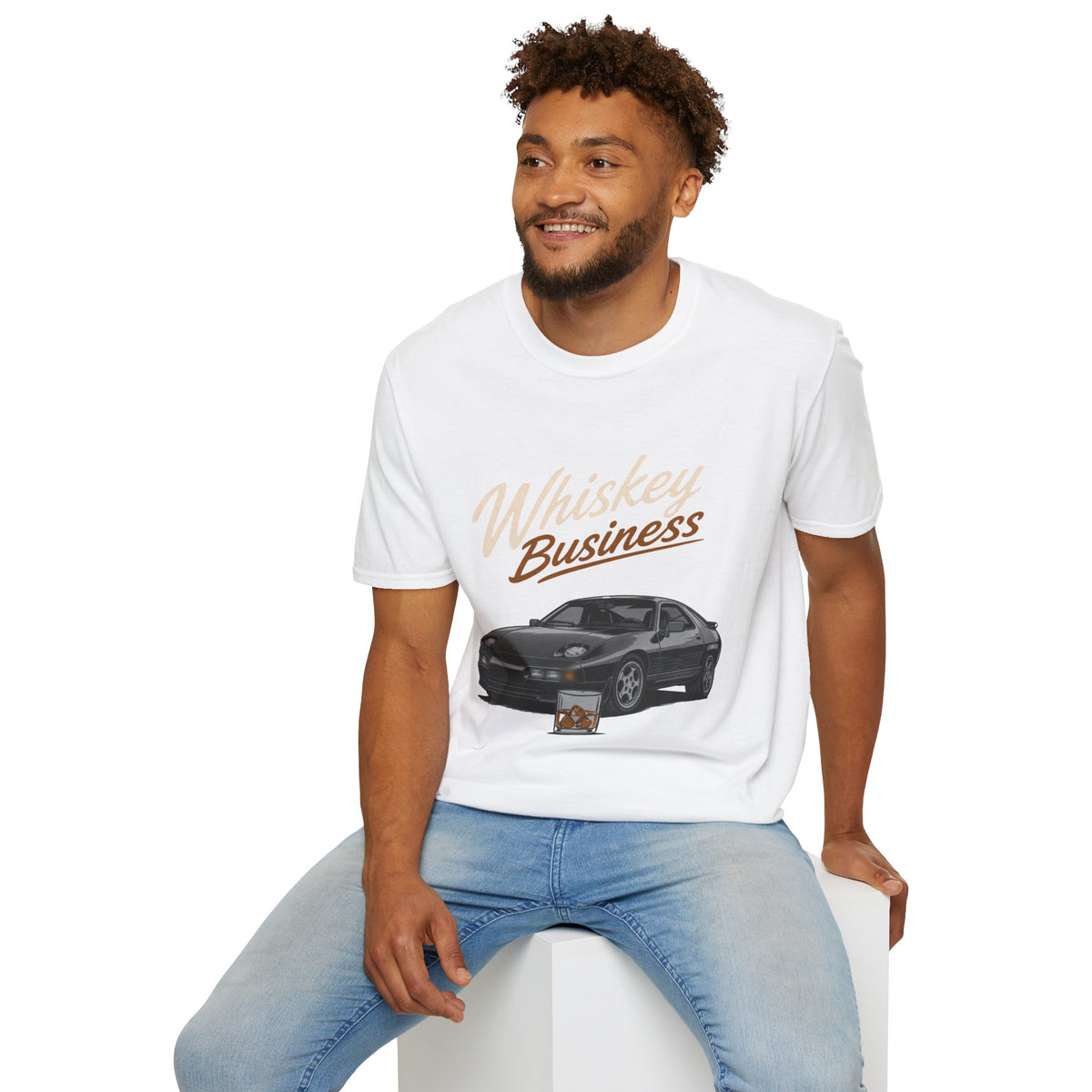 Whiskey Business Shirt, White, worn by a model seated on a white block