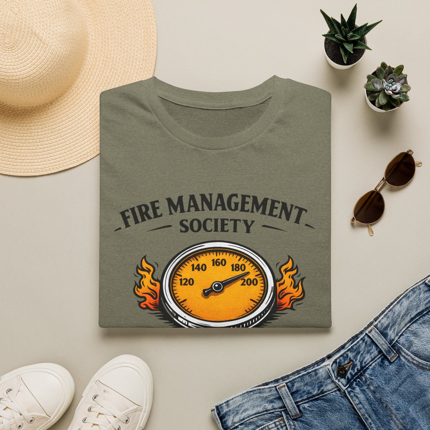 Fire Management Society Shirt, Heather Military Green olive, folded flat lay styled with a straw hat, sunglasses, sneakers and denim
