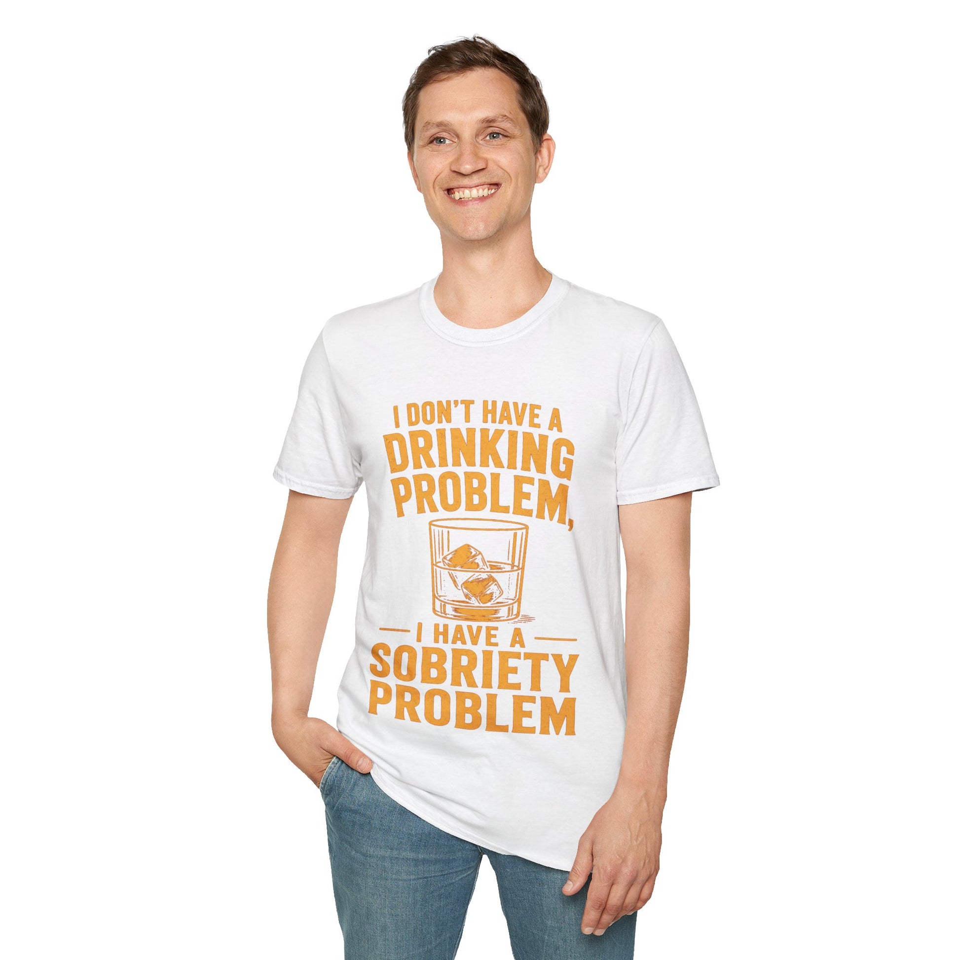 I Don't Have a Drinking Problem Shirt, White, worn by a standing model with one hand in their pocket