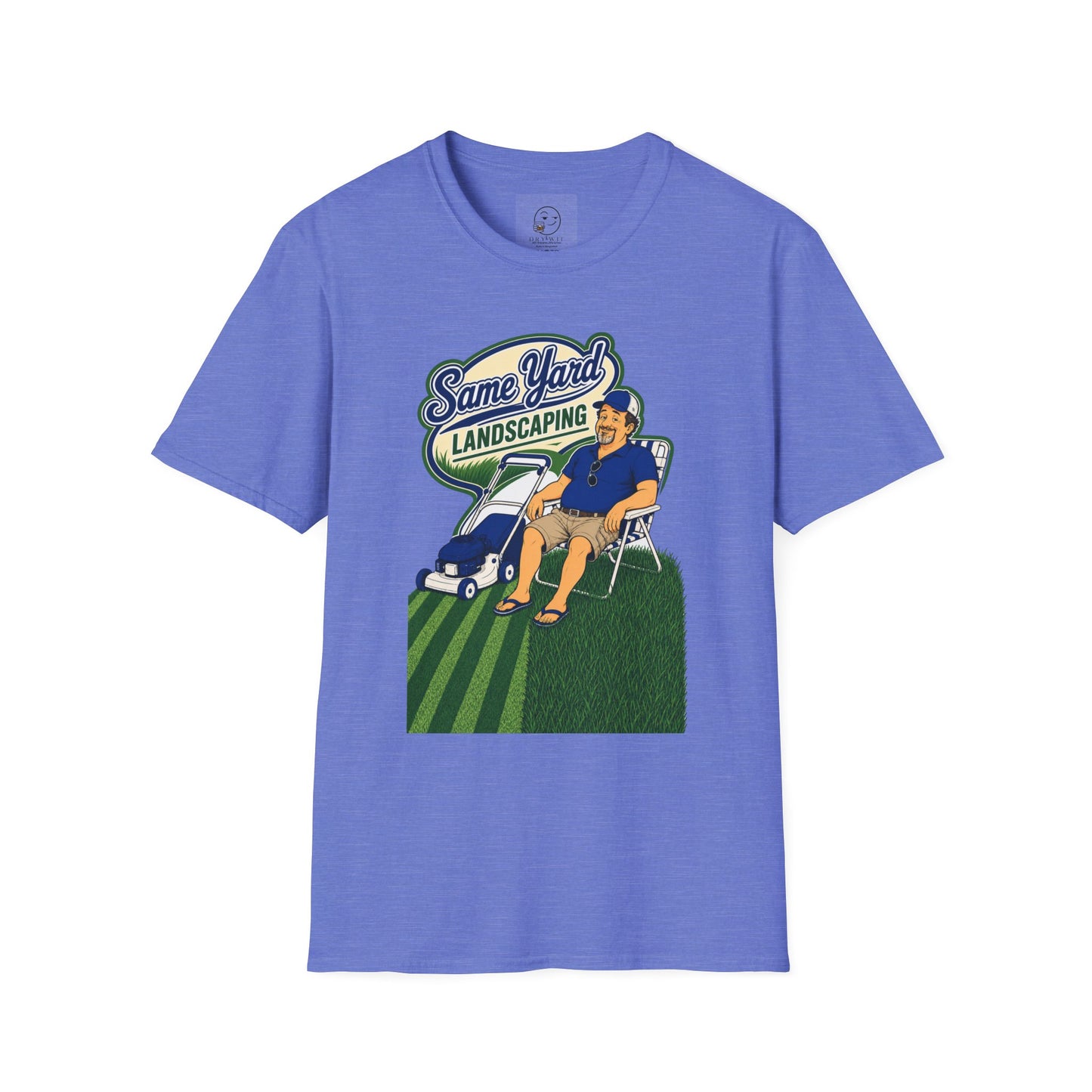 Retro cartoon t-shirt graphic of the Dry Wit dad mascot with a beer beside a lawn mower and grass stripes, text reading Same Yard Landscaping