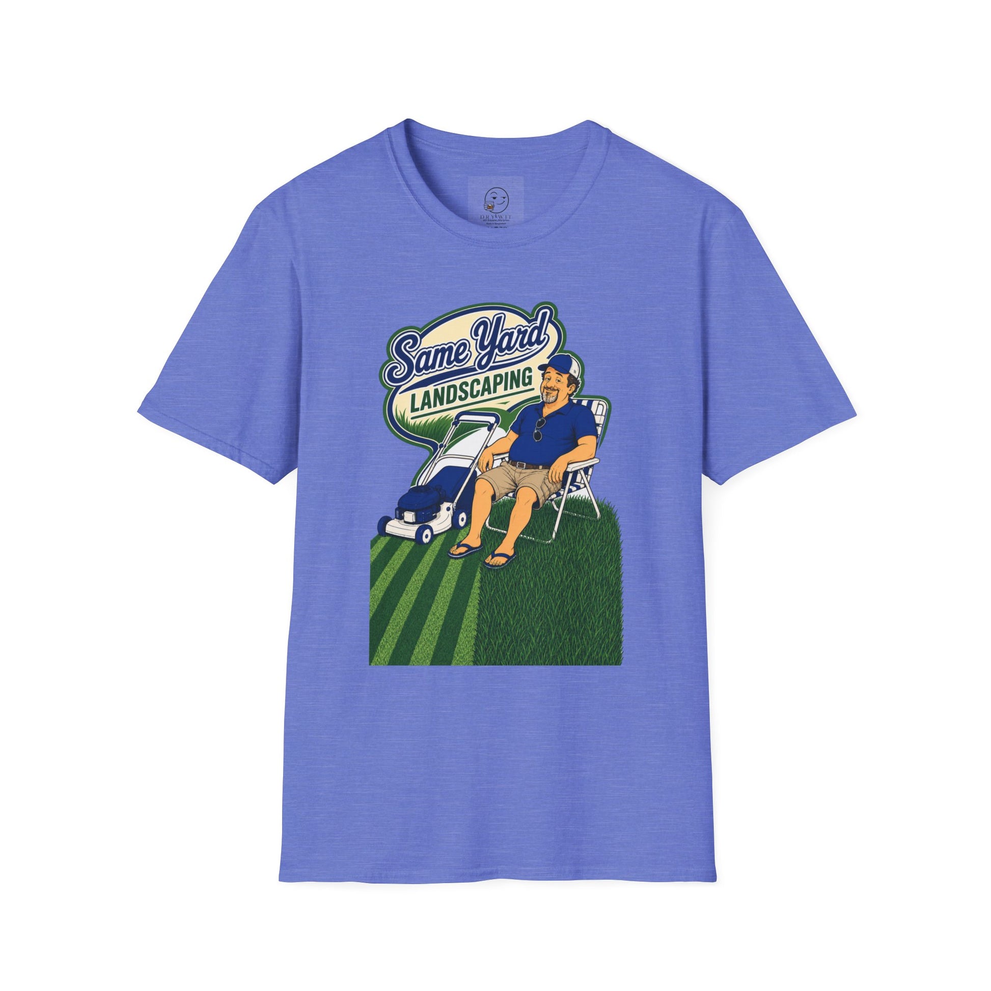 Retro cartoon t-shirt graphic of the Dry Wit dad mascot with a beer beside a lawn mower and grass stripes, text reading Same Yard Landscaping
