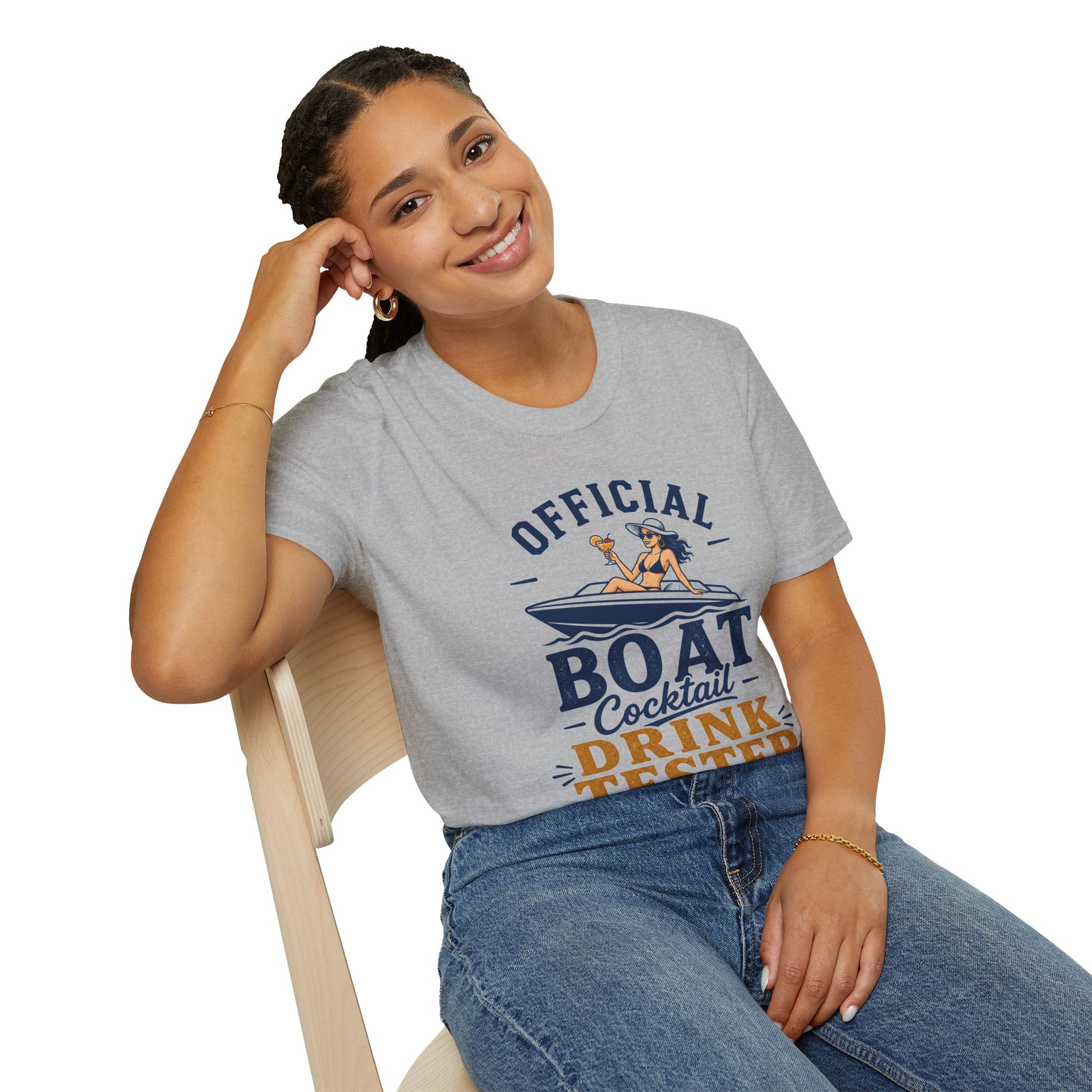Official Boat Cocktail Drink Tester Shirt, Sport Grey, worn by a model seated on a wooden chair