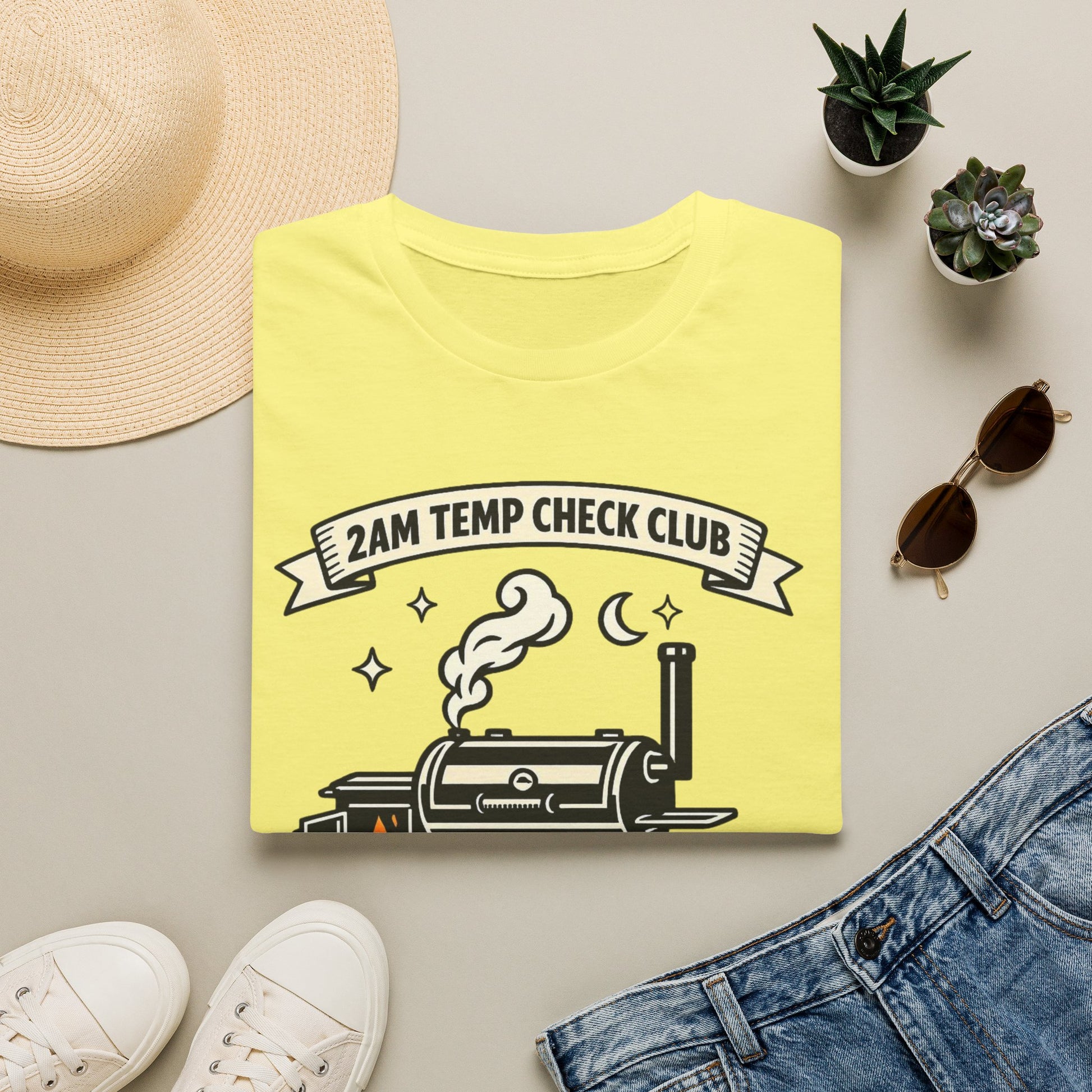 2AM Temp Check Club Shirt, Cornsilk pale yellow, folded flat lay styled with a straw hat, sunglasses, sneakers and denim