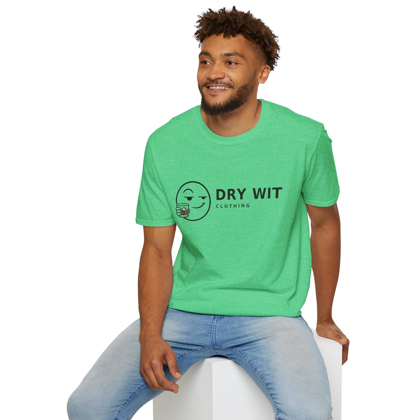 Dry Wit Logo Shirt, Heather Irish Green mint, worn by a model seated on a white block