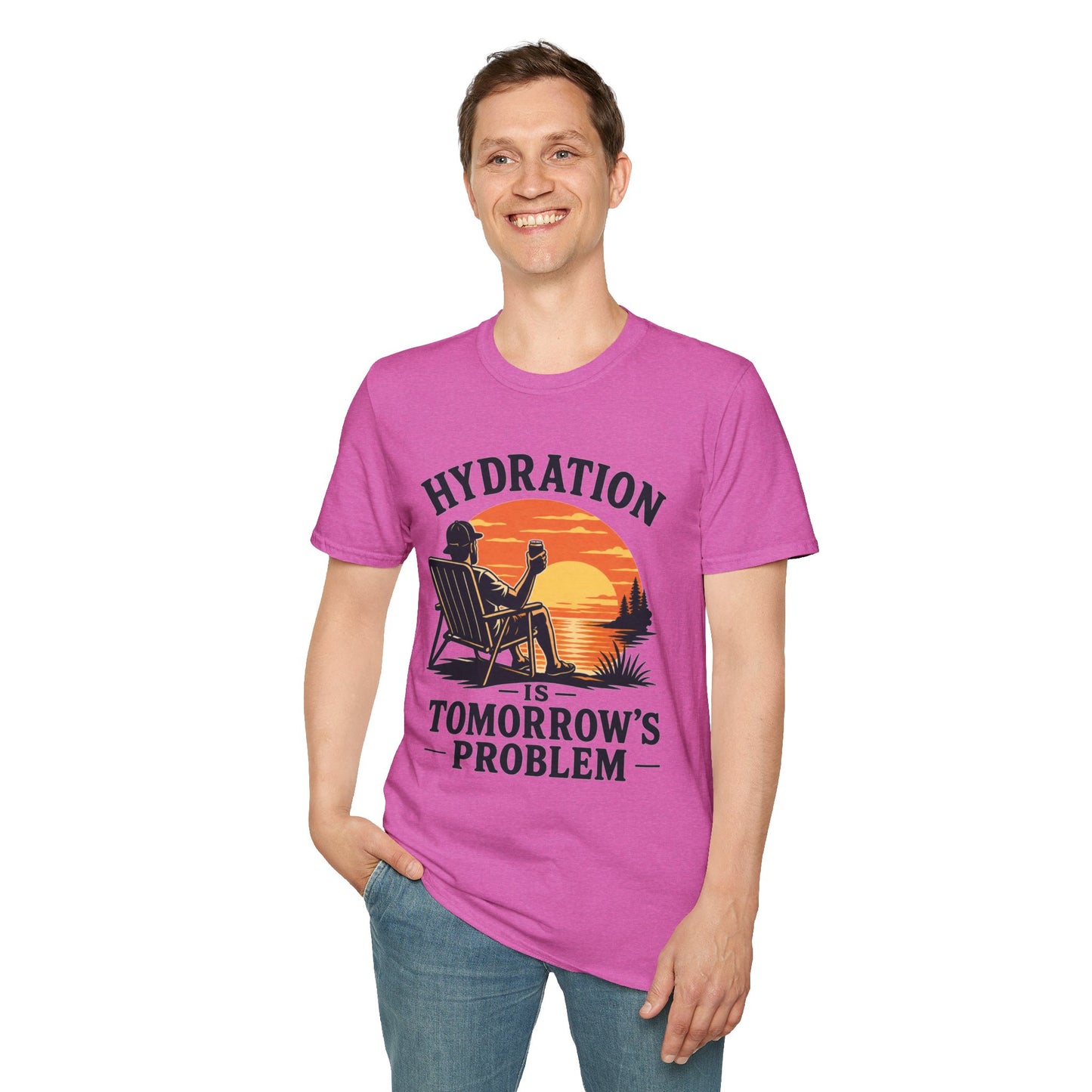 Hydration Is Tomorrow's Problem Shirt, Heather Berry pink, worn by a standing model with one hand in their pocket