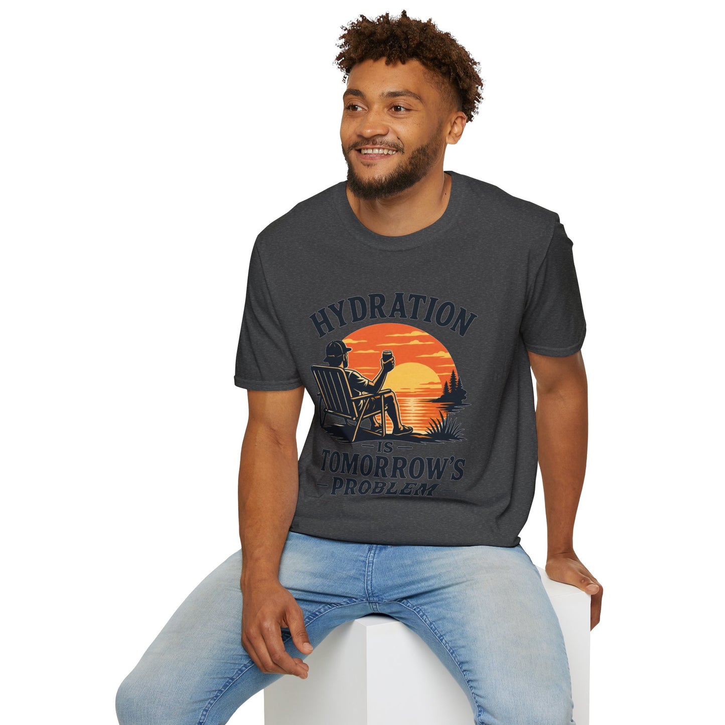 Hydration Is Tomorrow's Problem Shirt, Dark Heather charcoal, worn by a model seated on a white block
