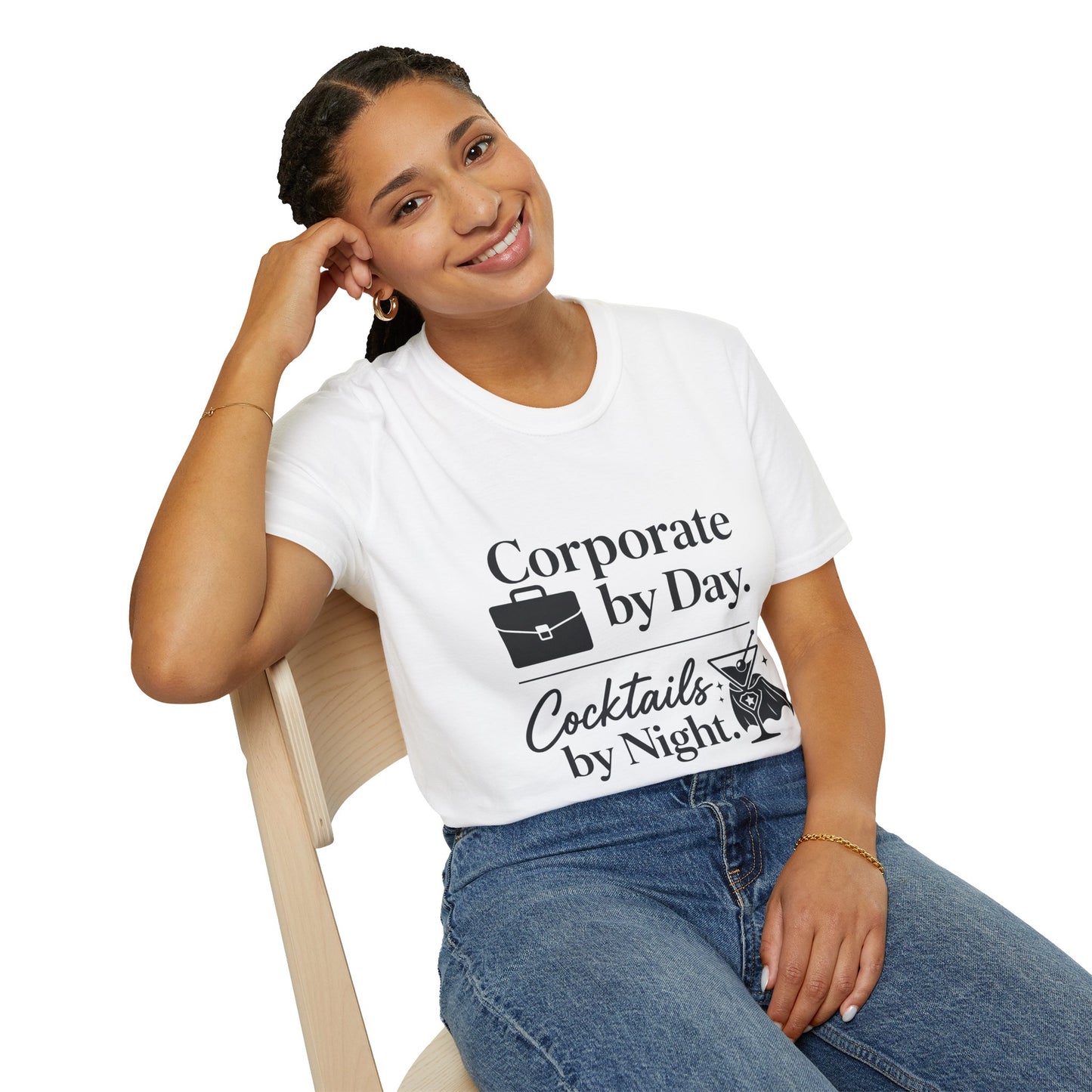 Corporate by Day, Cocktails by Night Shirt, White, worn by a model seated on a wooden chair