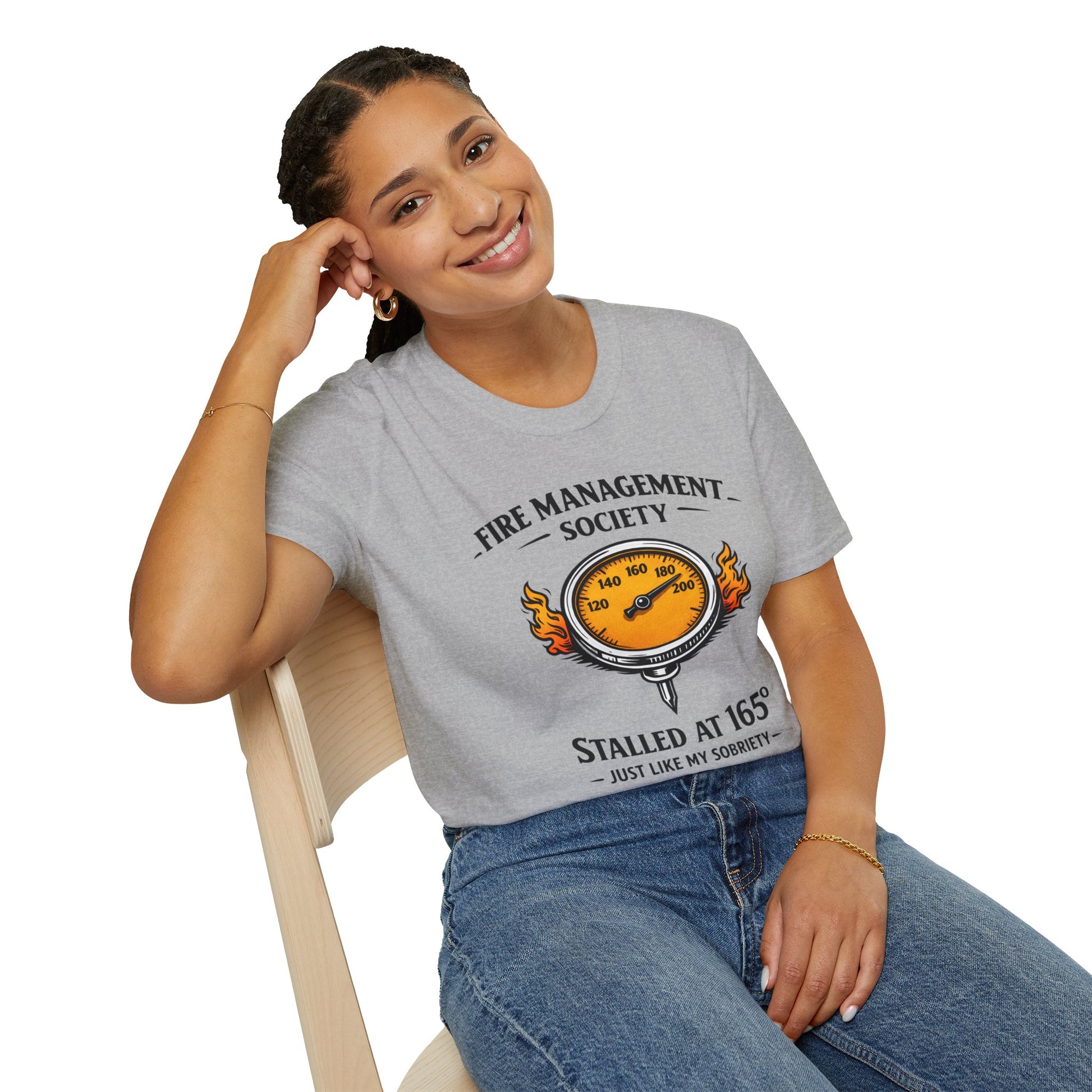 Fire Management Society Shirt, Sport Grey, worn by a model seated on a wooden chair