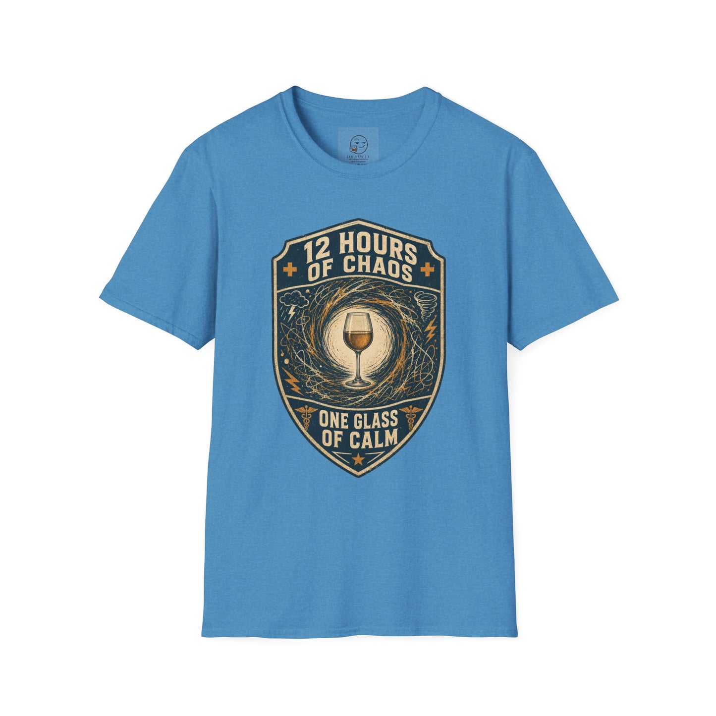 Shield-shaped vintage badge t-shirt graphic of a wine glass sitting calmly amid a swirling chaos symbol, text reading 12 Hours Of Chaos, One Glass Of Calm