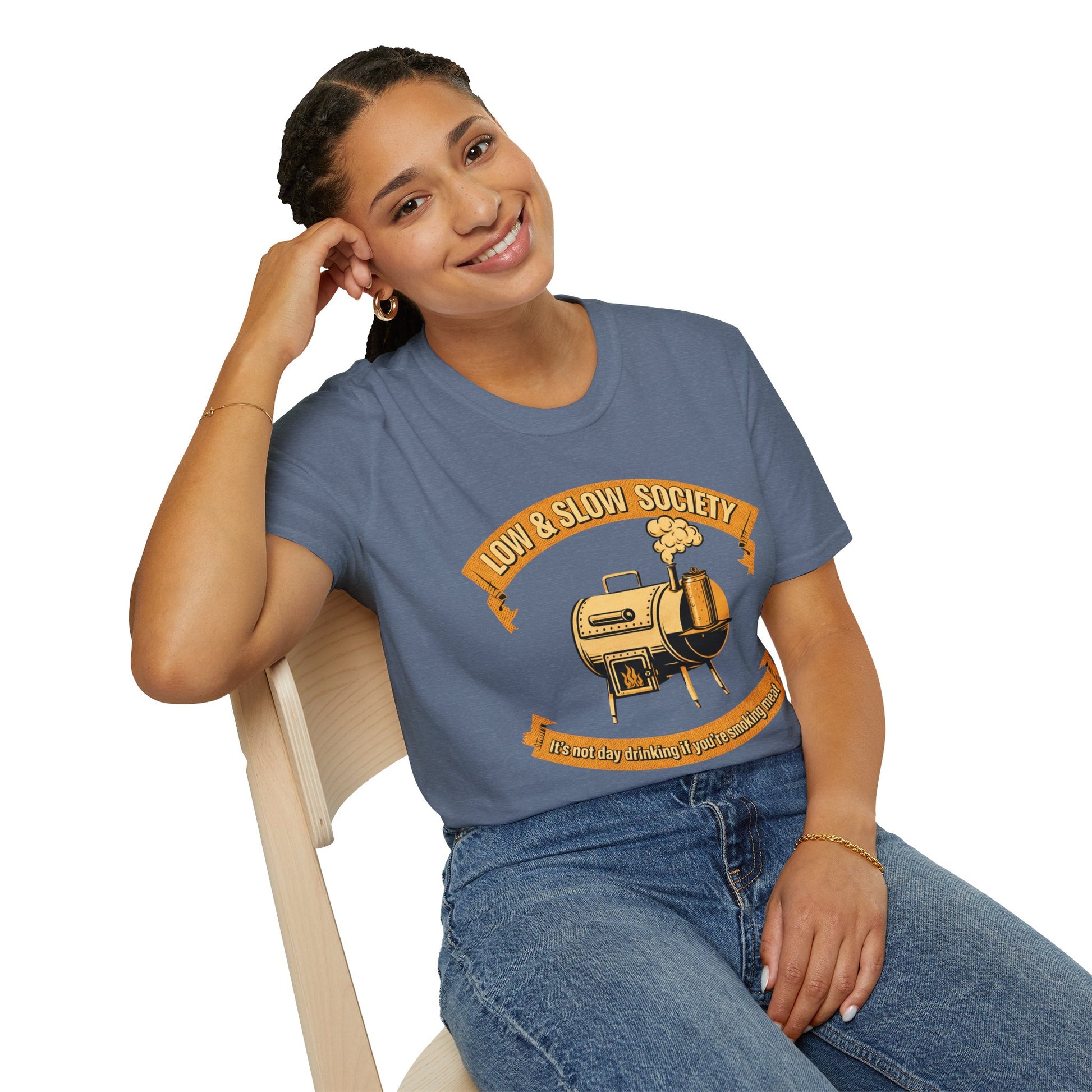 Low & Slow Society Shirt, Heather Indigo slate blue, worn by a model seated on a wooden chair