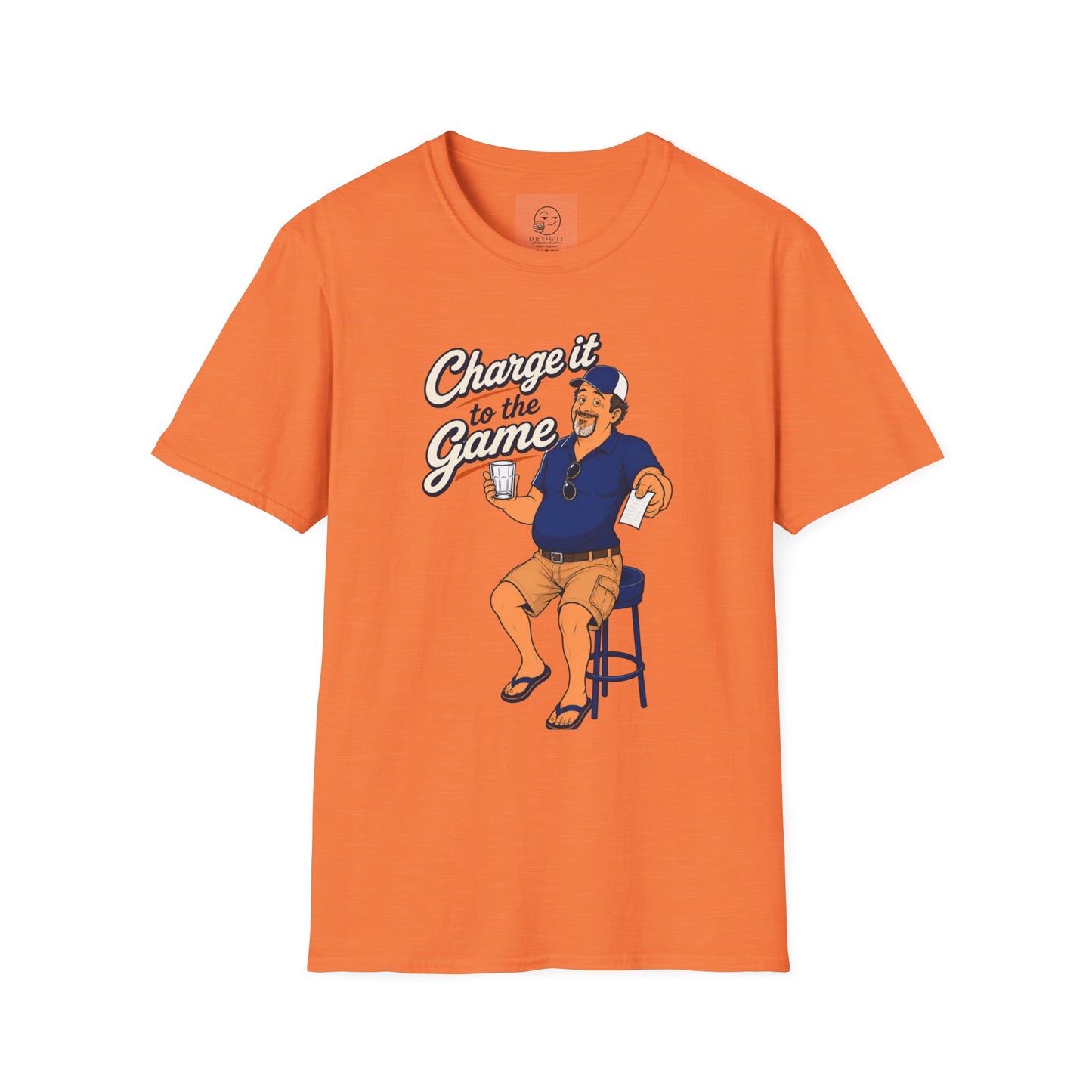 Retro cartoon t-shirt graphic of the Dry Wit dad mascot holding a bar tab at a sports bar, text reading Charge It To The Game
