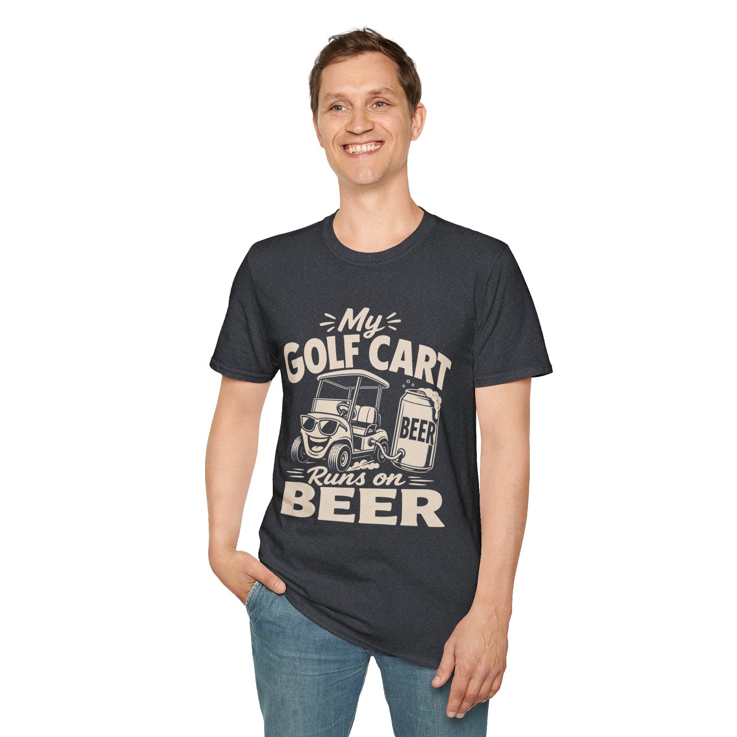 My Golf Cart Runs on Beer Shirt, Dark Heather Grey, worn by a standing model with one hand in their pocket